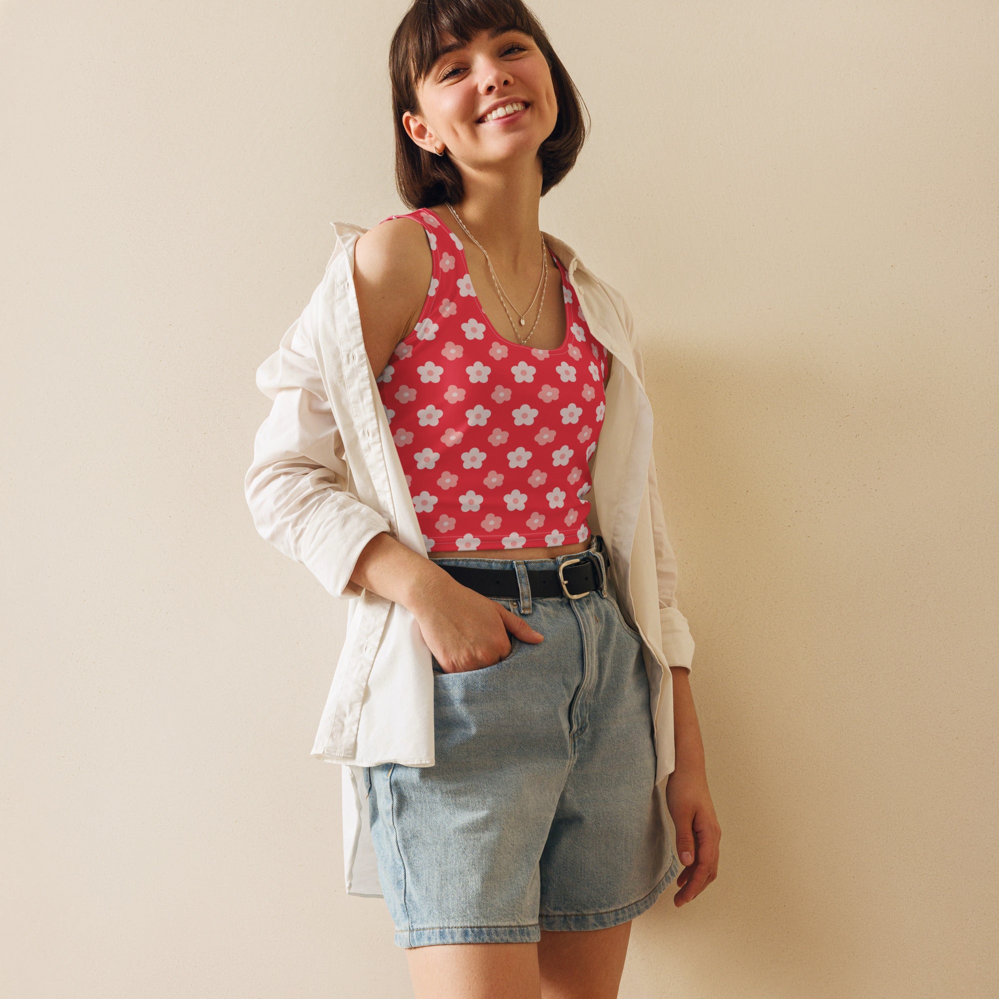 Women's Coral Floral Daisy Buttery Soft Crop Top- Quick-Drying UPF 50+ Stretch Top