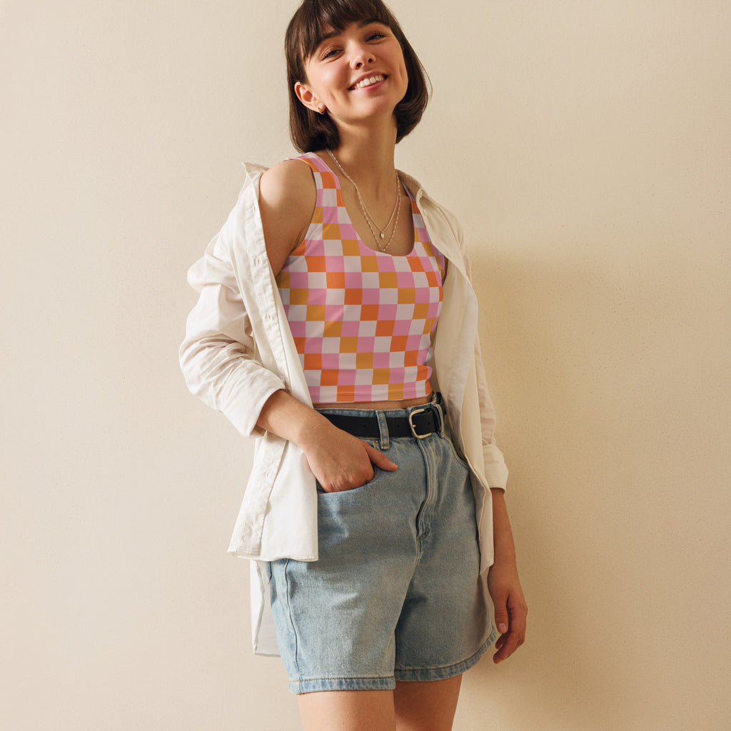Women's Sunset Gingham Checkered Buttery Soft Crop Top- Quick-Drying UPF 50+ Stretch Top