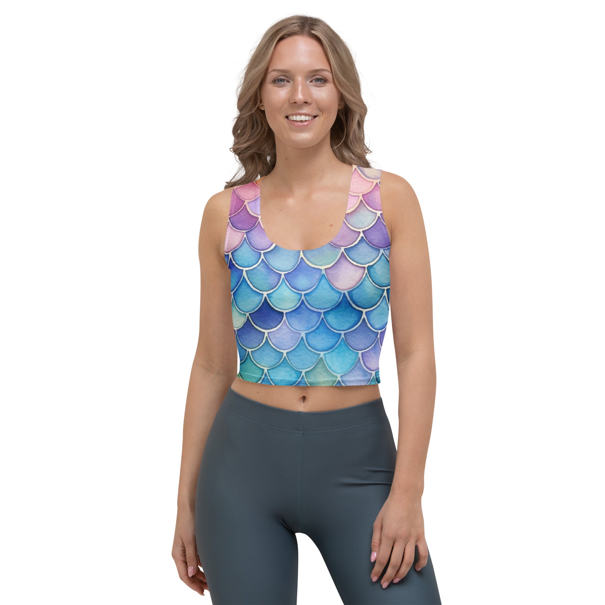 Women's Watercolor Mermaid Buttery Soft Crop Top- Quick-Drying UPF 50+ Stretch Top