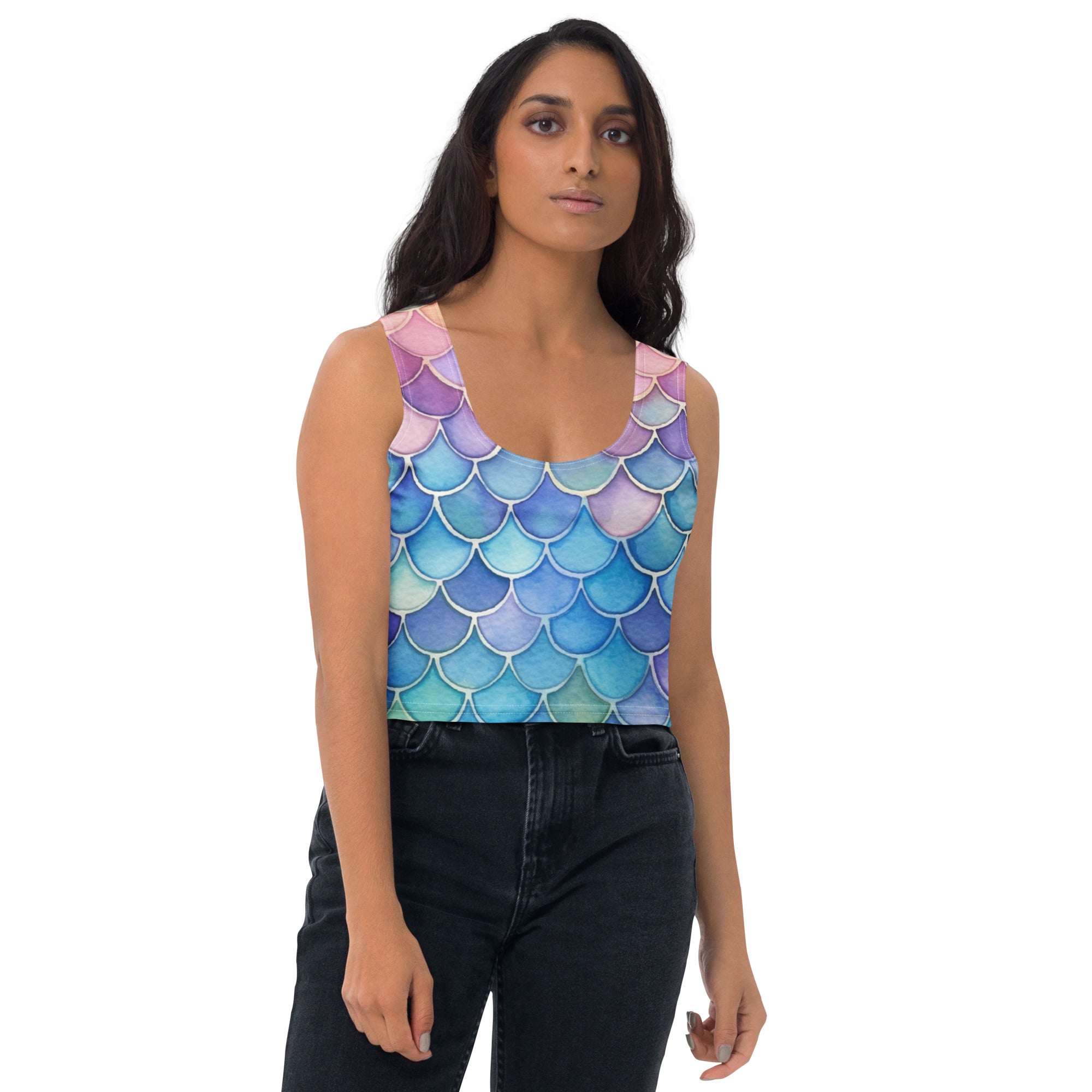 Women's Watercolor Mermaid Buttery Soft Crop Top- Quick-Drying UPF 50+ Stretch Top