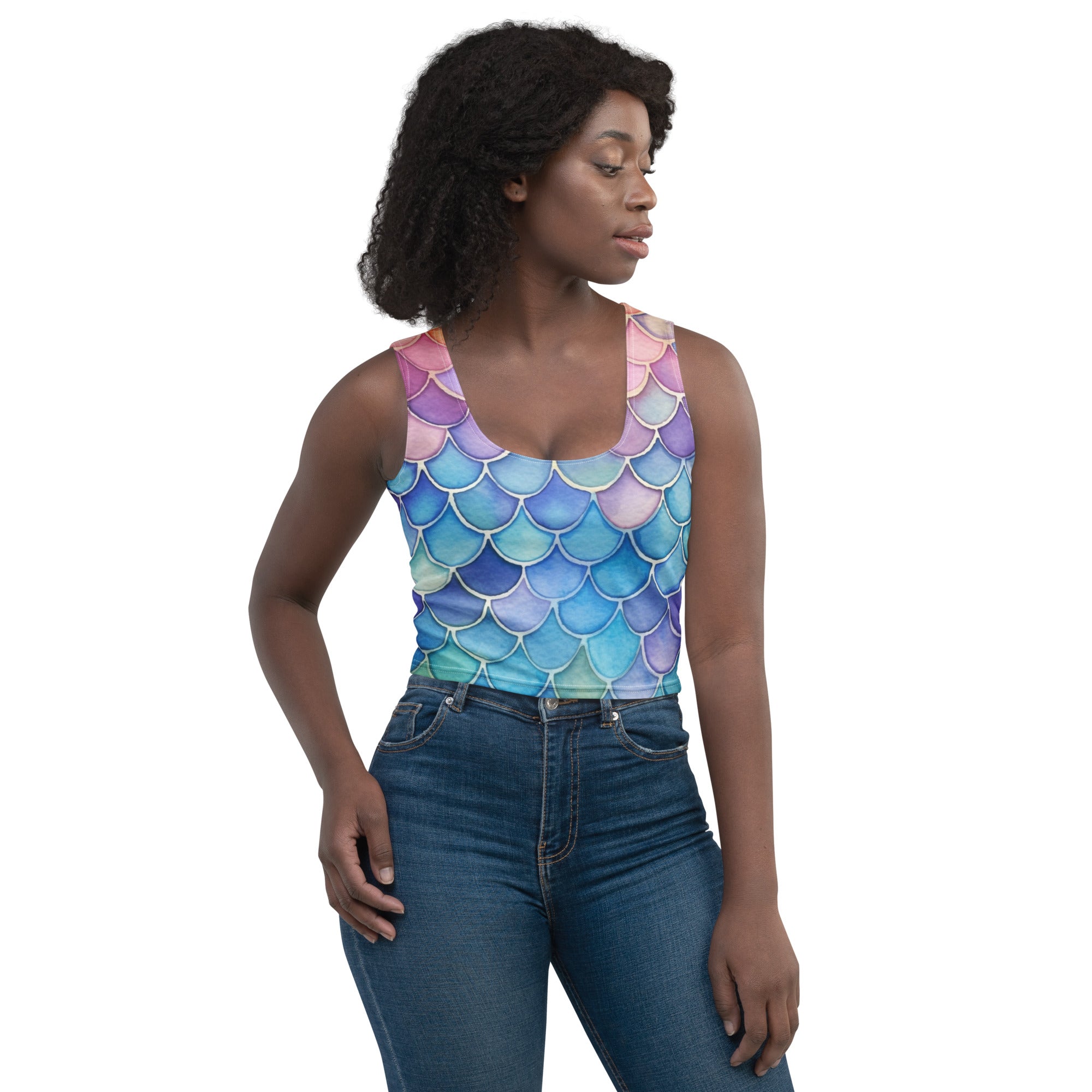 Women's Watercolor Mermaid Buttery Soft Crop Top- Quick-Drying UPF 50+ Stretch Top