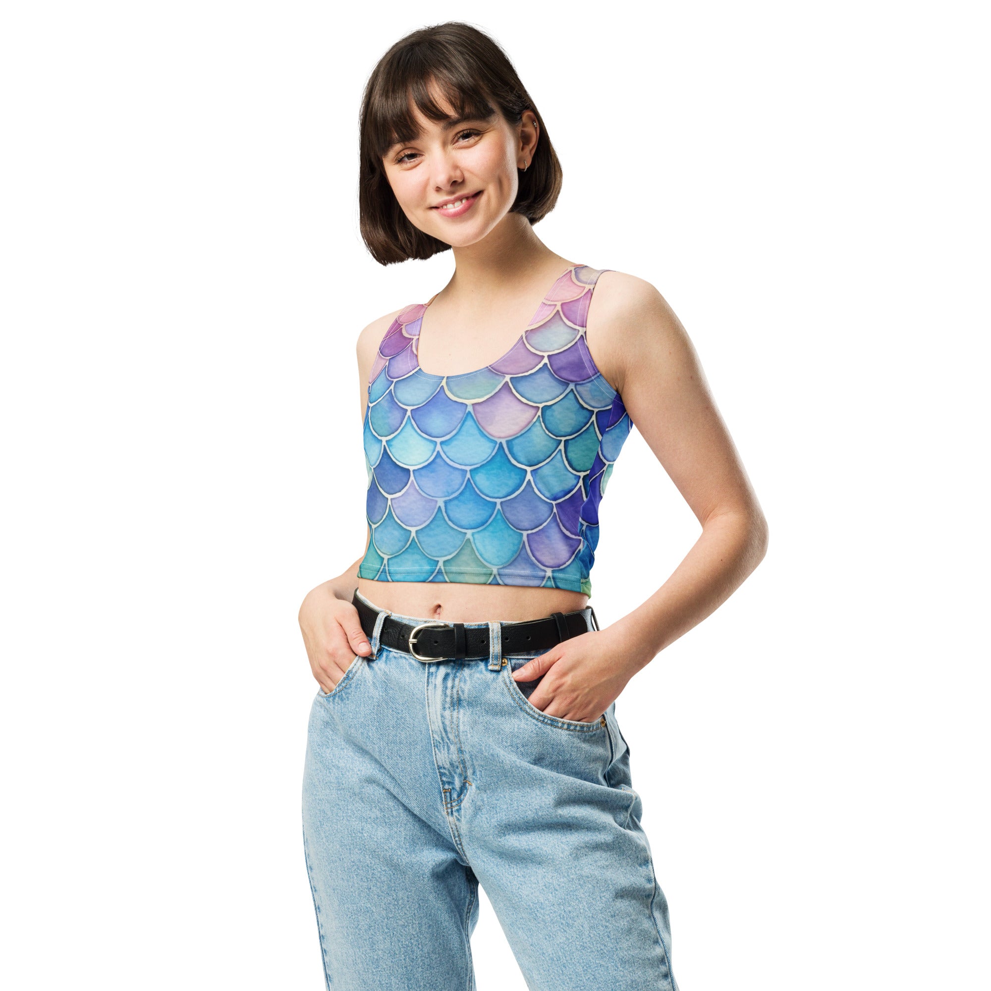 Women's Watercolor Mermaid Buttery Soft Crop Top- Quick-Drying UPF 50+ Stretch Top