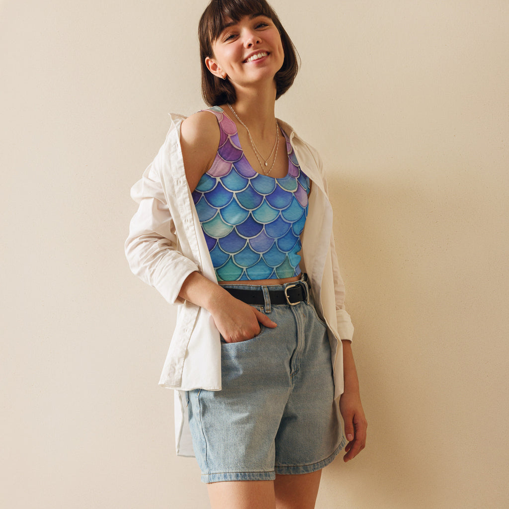 Women's Watercolor Mermaid Buttery Soft Crop Top- Quick-Drying UPF 50+ Stretch Top