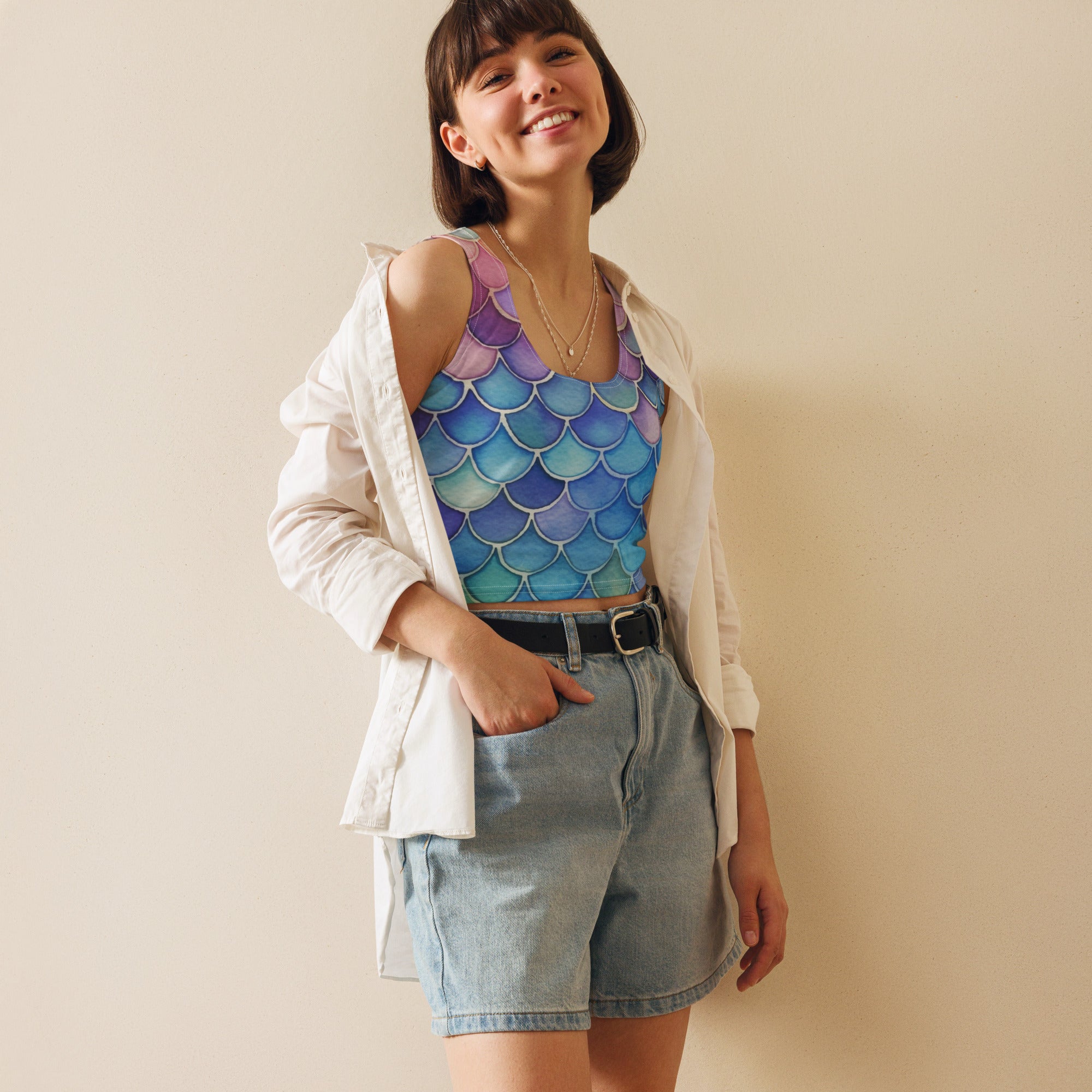 Women's Watercolor Mermaid Buttery Soft Crop Top- Quick-Drying UPF 50+ Stretch Top