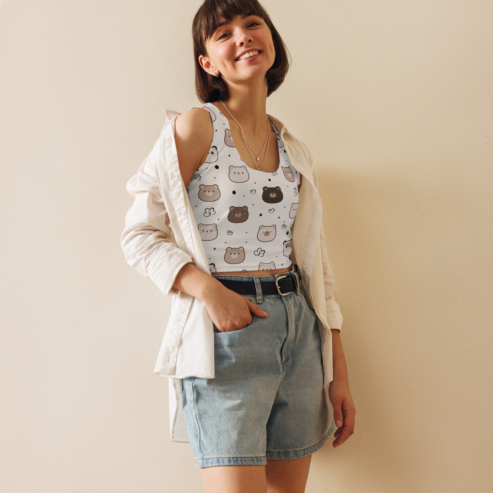 Women's Cute Bear Face Buttery Soft Crop Top- Quick-Drying UPF 50+ Stretch Top