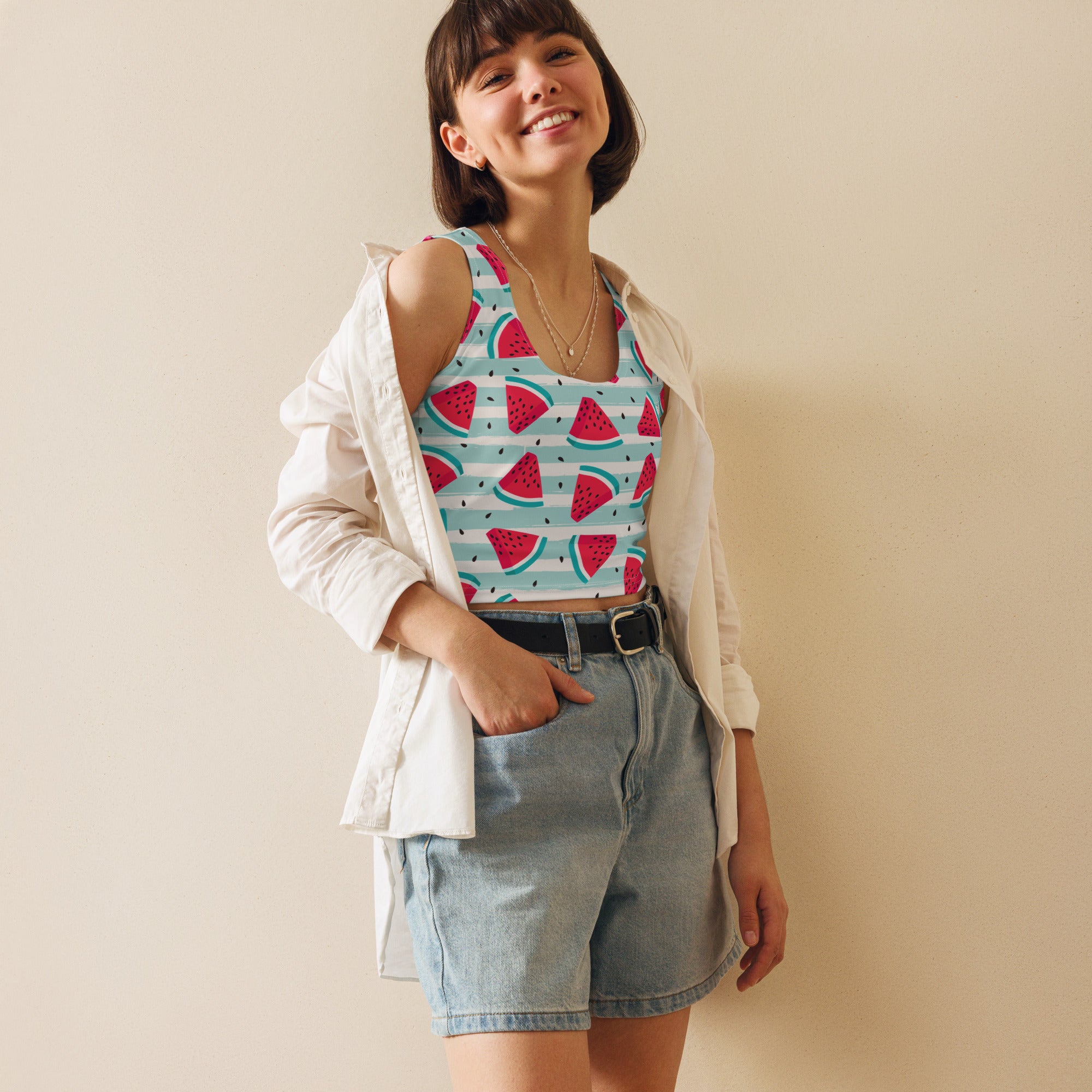Women's Watermelon Stripe Buttery Soft Crop Top- Quick-Drying UPF 50+ Stretch Top