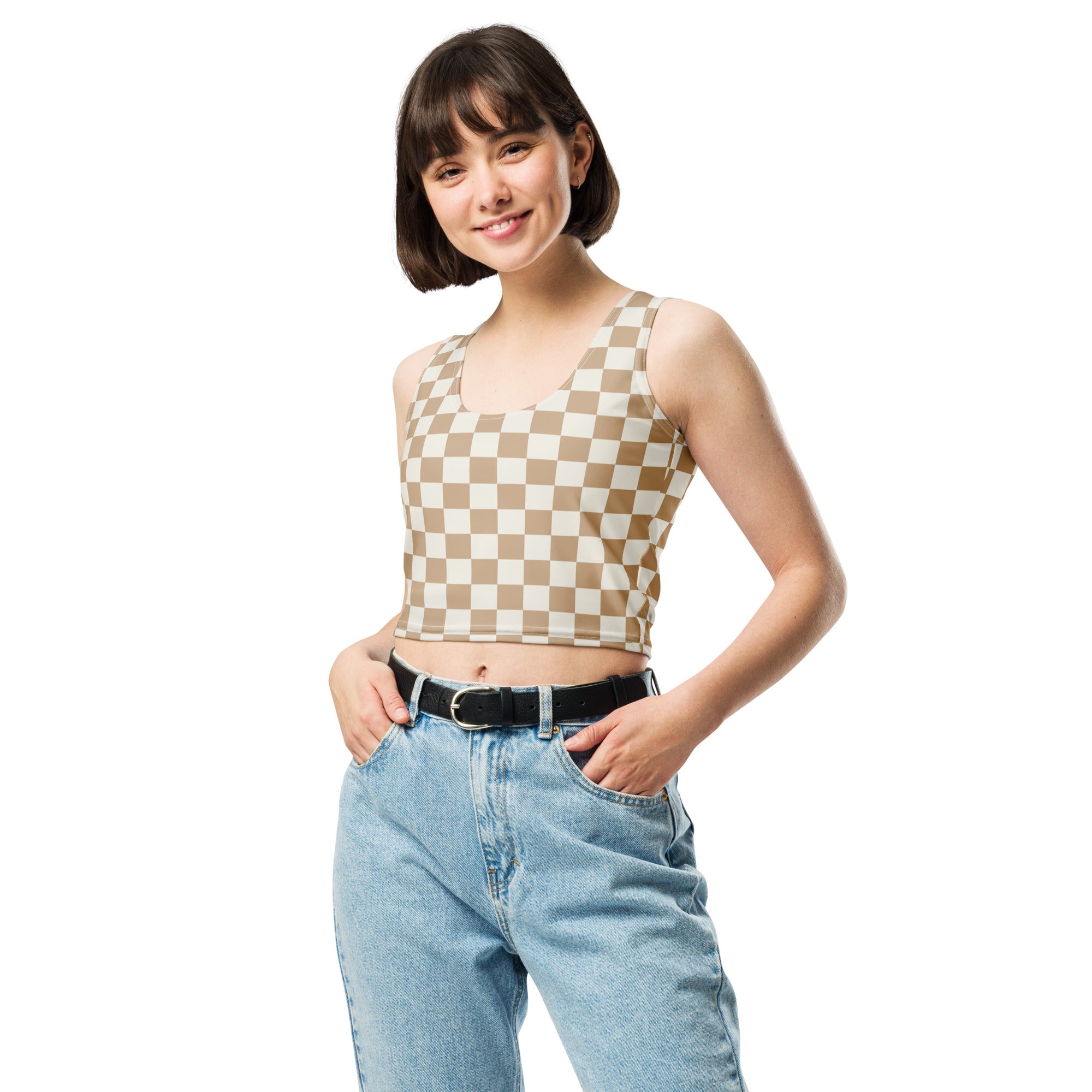 Women's Tan Checkerboard Buttery Soft Crop Top- Quick-Drying UPF 50+ Stretch Top