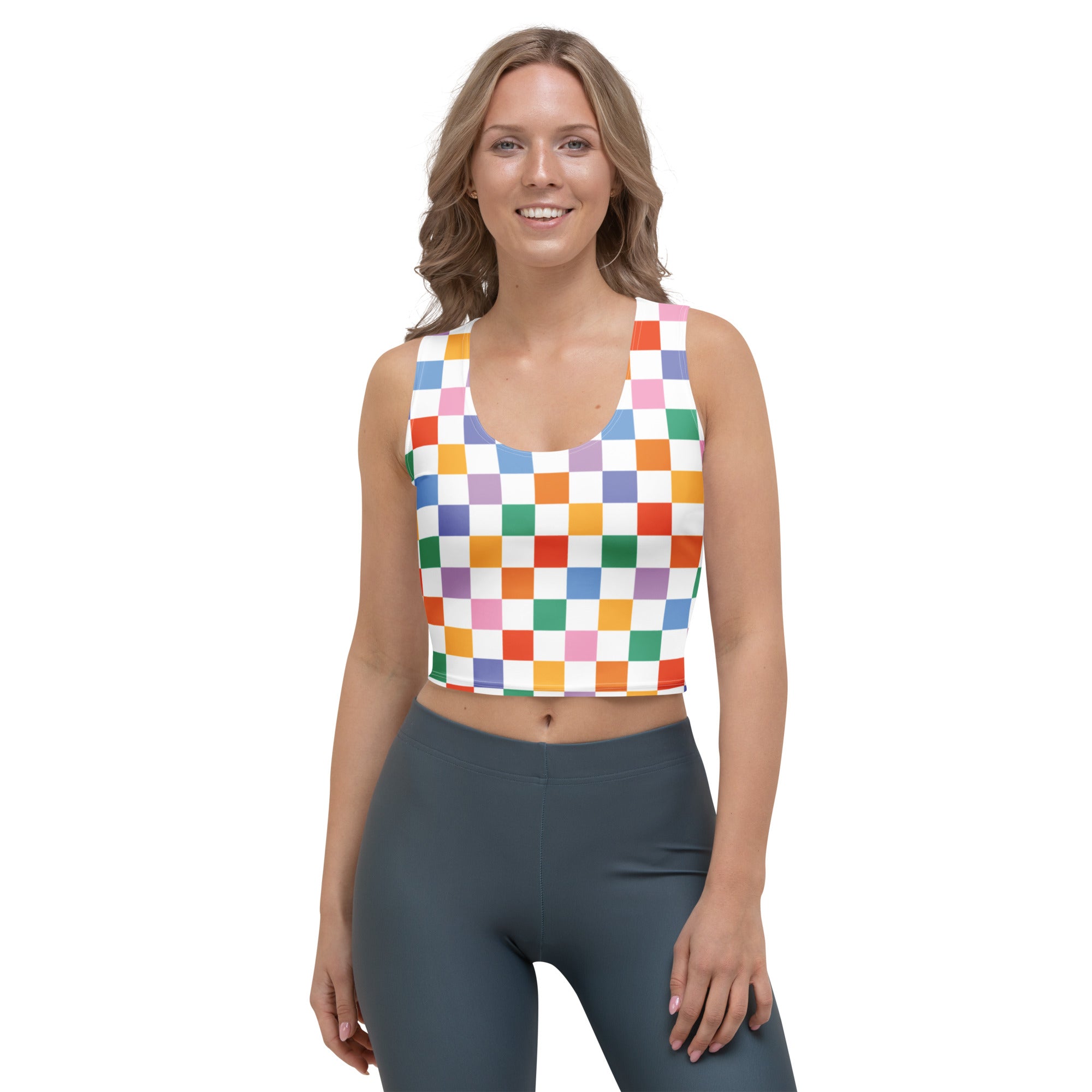 Women's Colorful Checkerboard Buttery Soft Crop Top- Quick-Drying UPF 50+ Stretch Top