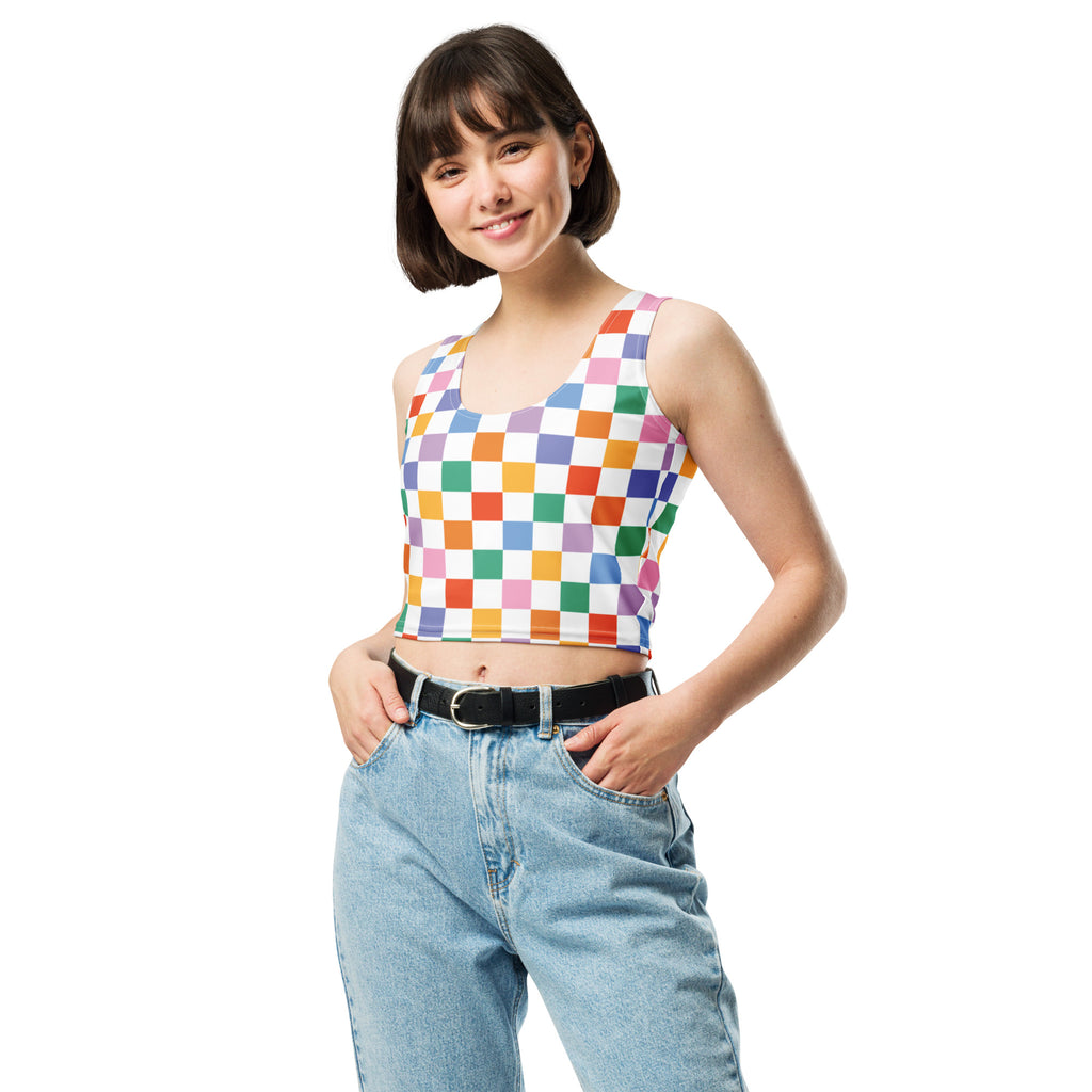 Women's Colorful Checkerboard Buttery Soft Crop Top- Quick-Drying UPF 50+ Stretch Top