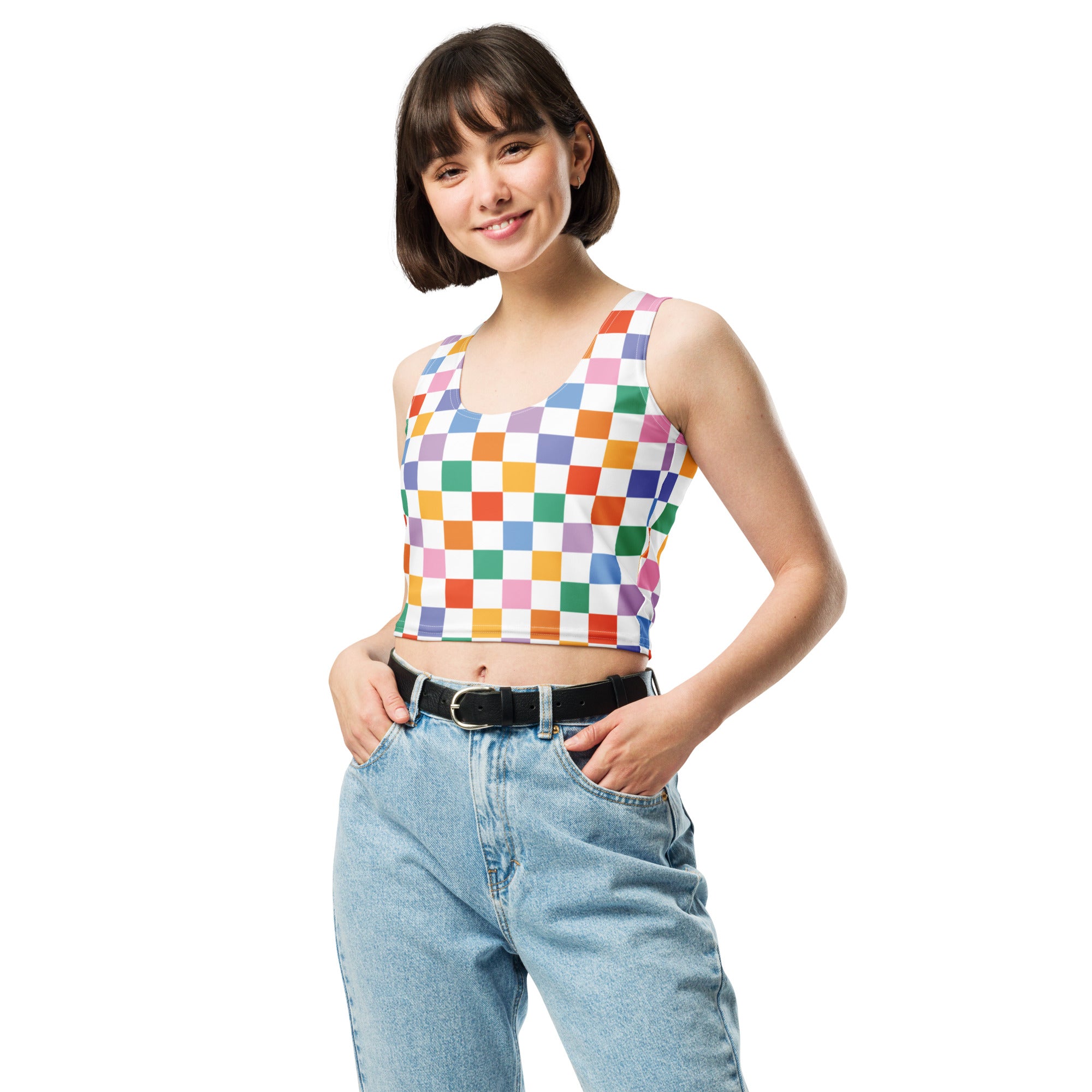 Women's Colorful Checkerboard Buttery Soft Crop Top- Quick-Drying UPF 50+ Stretch Top