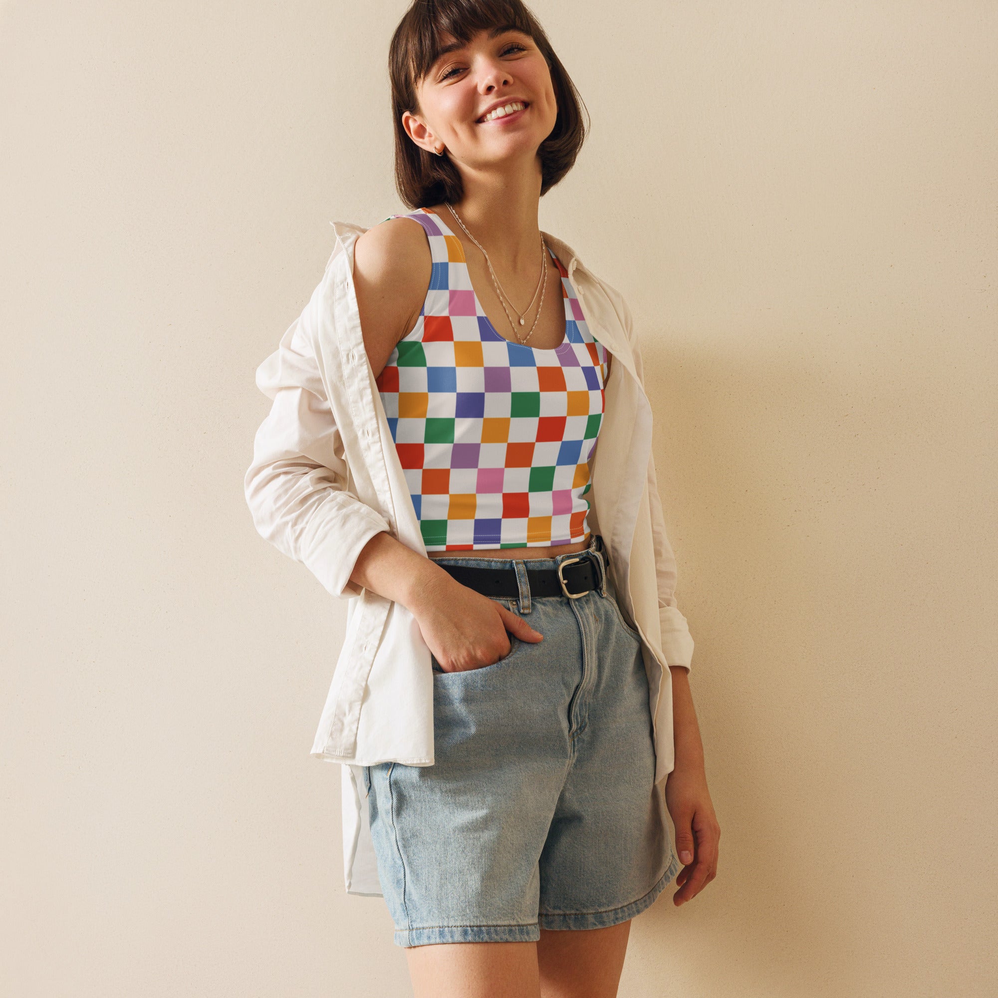 Women's Colorful Checkerboard Buttery Soft Crop Top- Quick-Drying UPF 50+ Stretch Top
