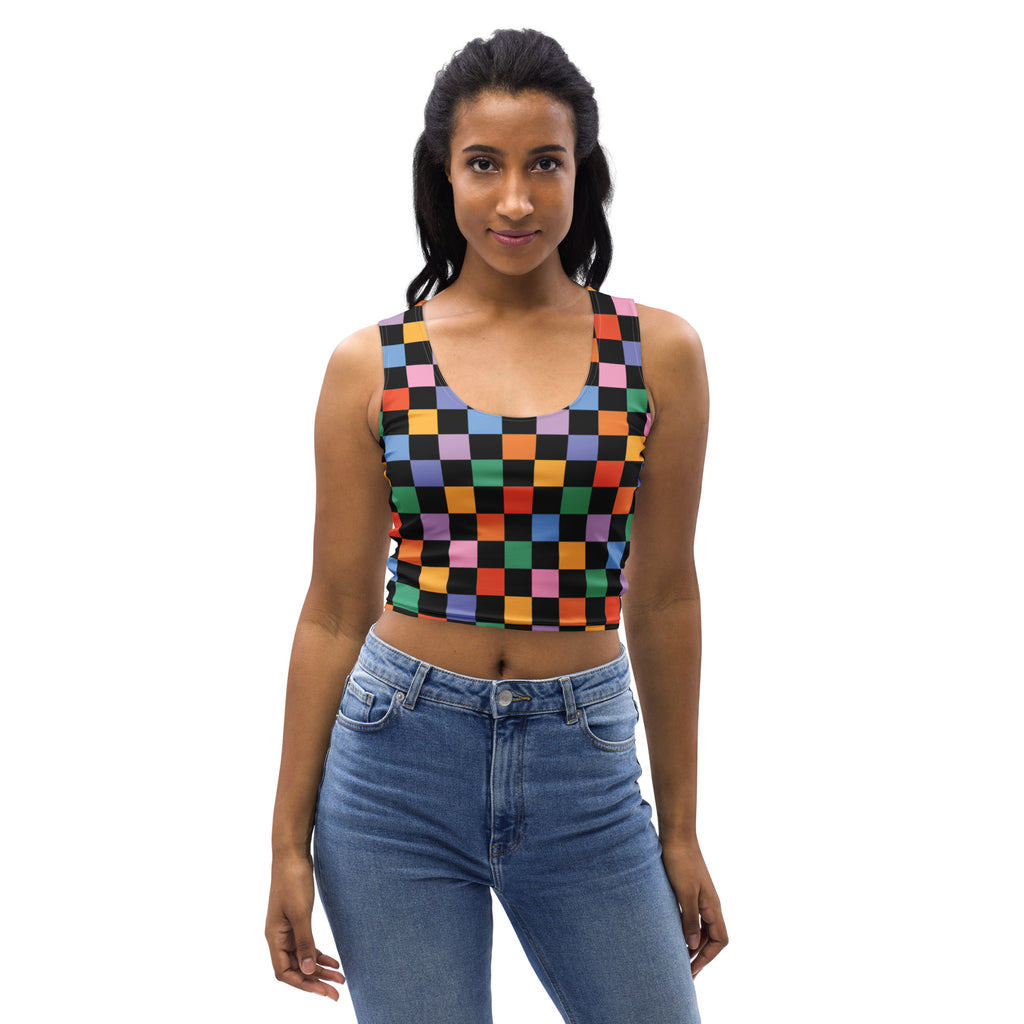 Women's Black Colorful Checkerboard Buttery Soft Crop Top- Quick-Drying UPF 50+ Stretch Top