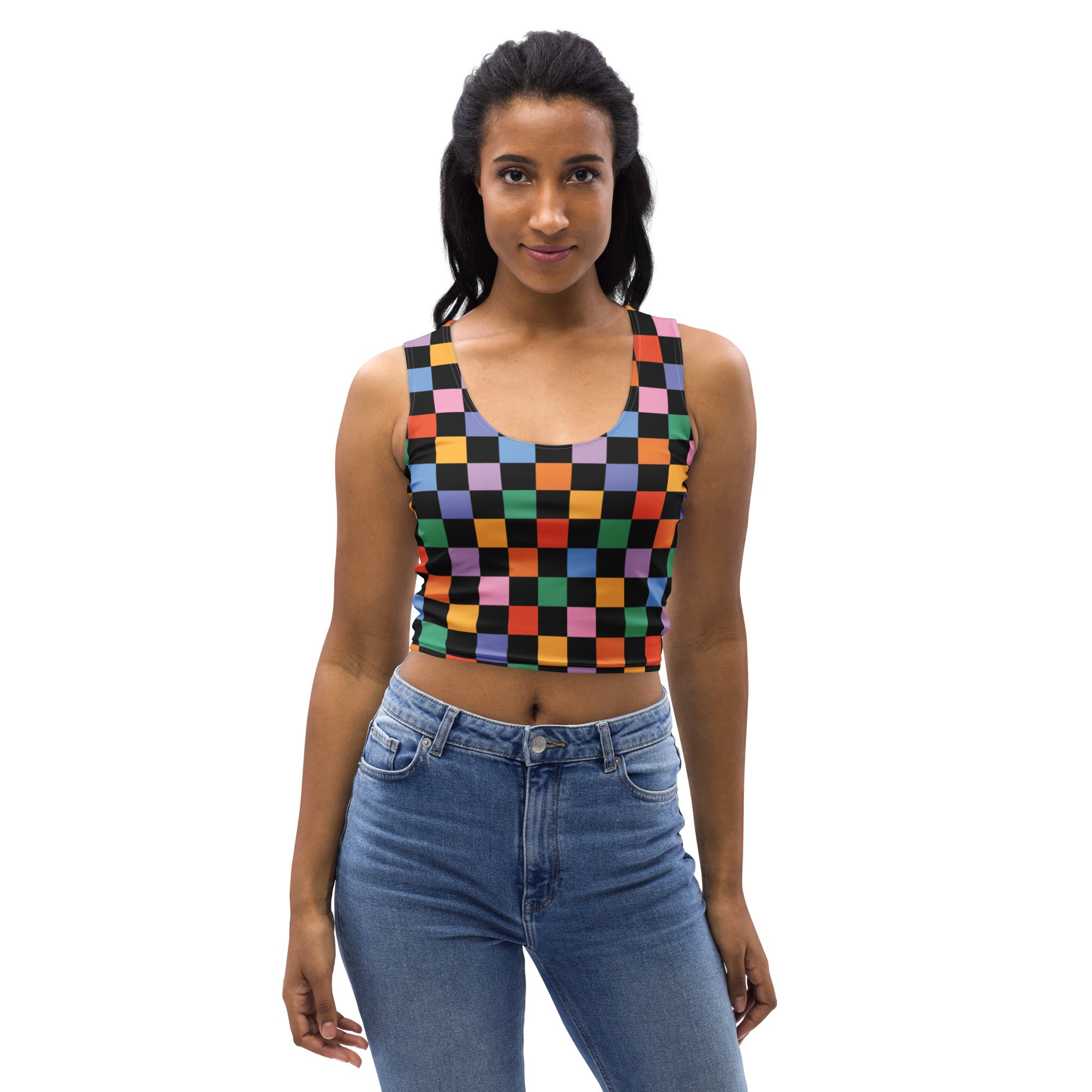 Women's Black Colorful Checkerboard Buttery Soft Crop Top- Quick-Drying UPF 50+ Stretch Top