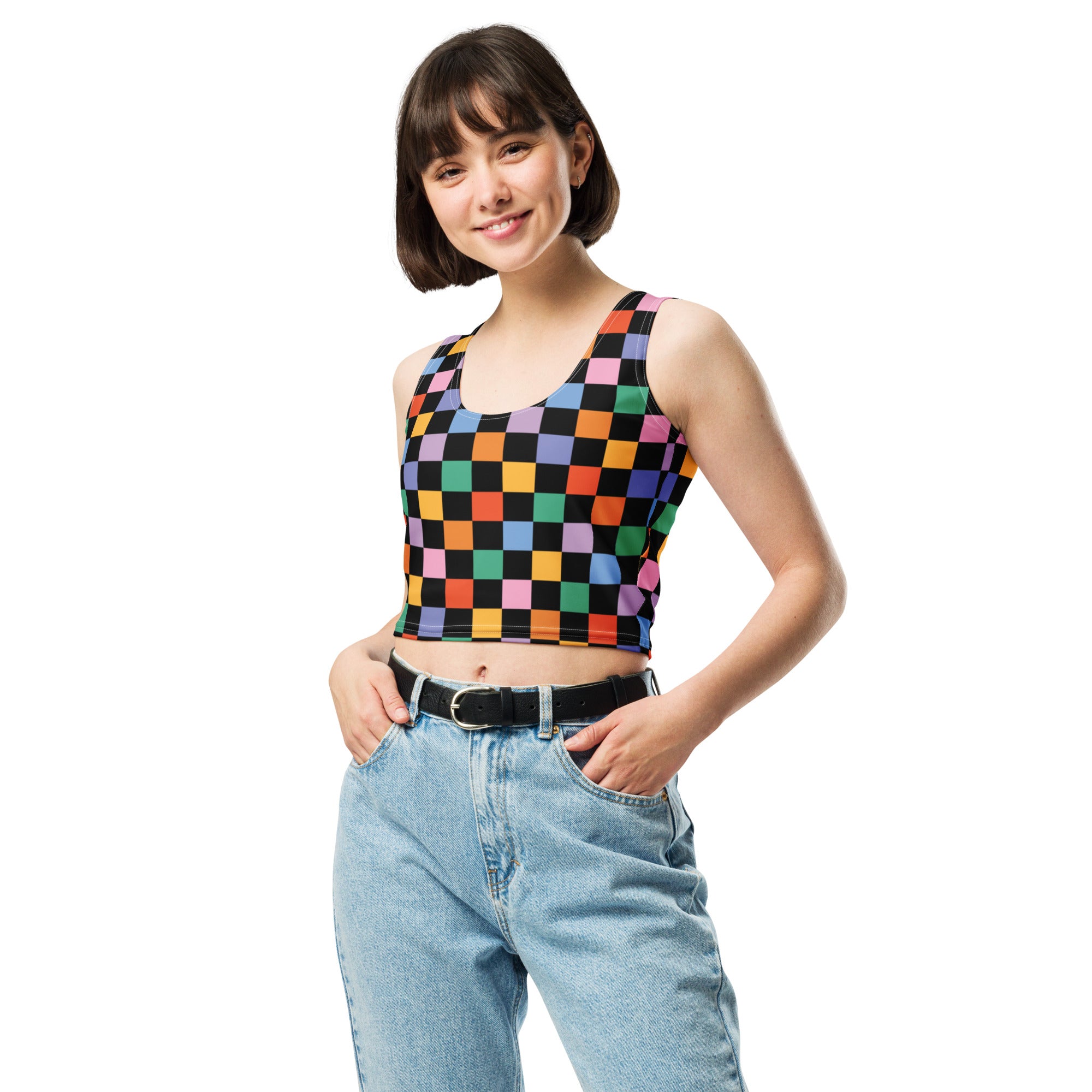 Women's Black Colorful Checkerboard Buttery Soft Crop Top- Quick-Drying UPF 50+ Stretch Top