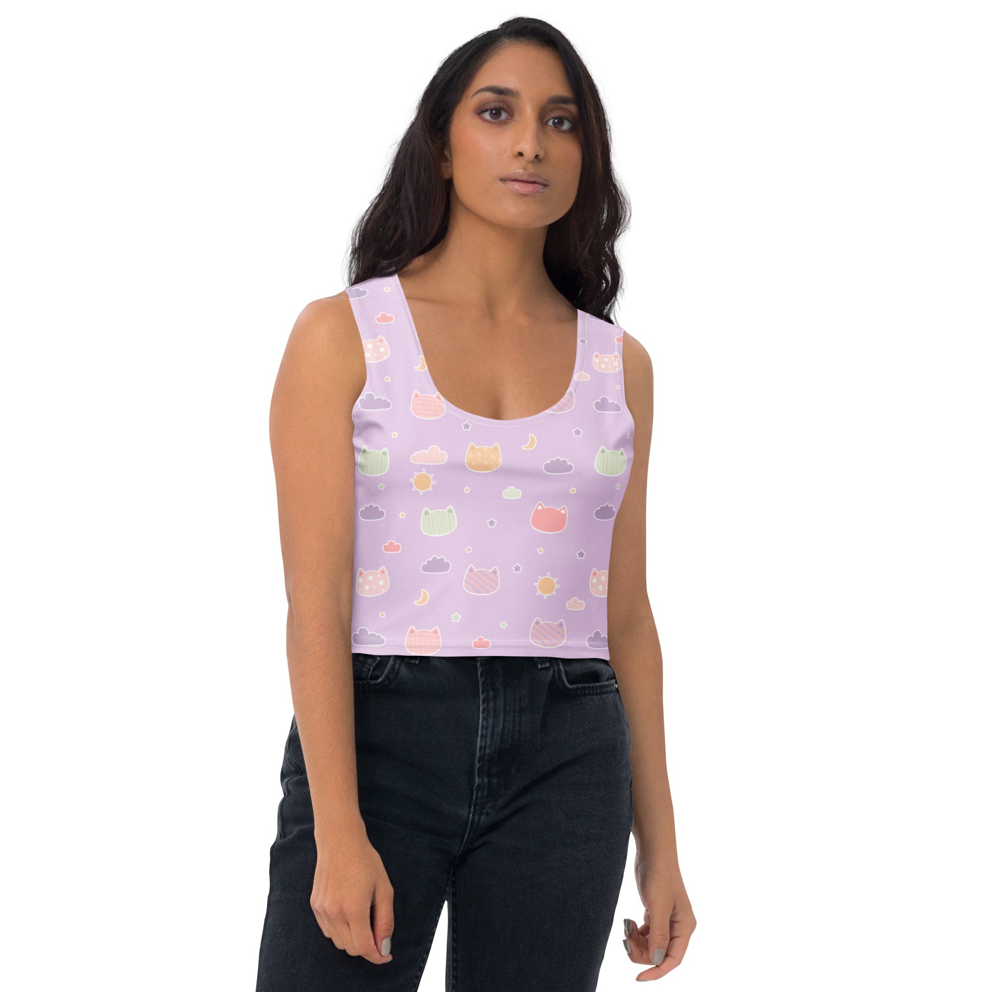 Women's Pastel Purple Kawaii Cats & Clouds Buttery Soft Crop Top- Quick-Drying UPF 50+ Stretch Top