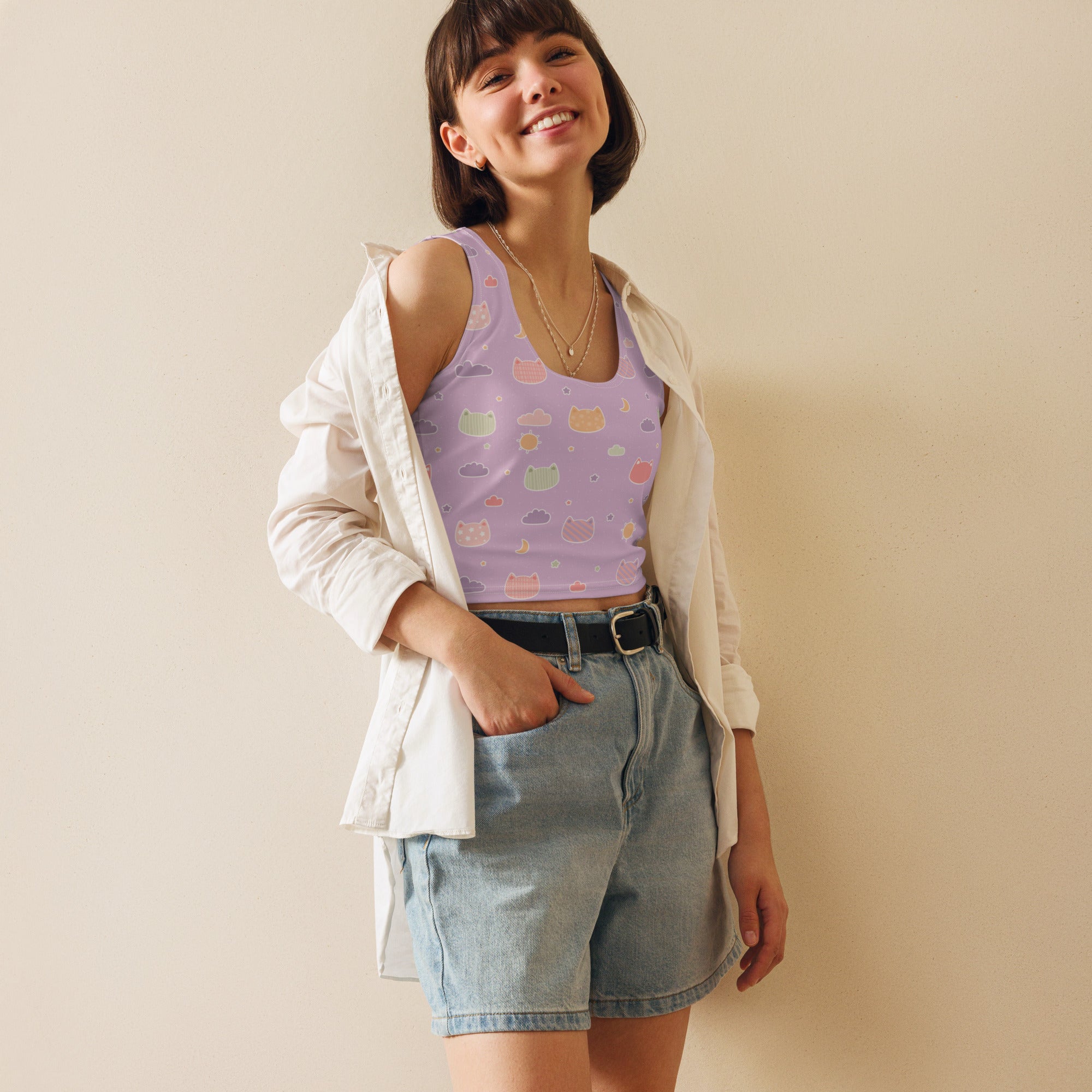 Women's Pastel Purple Kawaii Cats & Clouds Buttery Soft Crop Top- Quick-Drying UPF 50+ Stretch Top