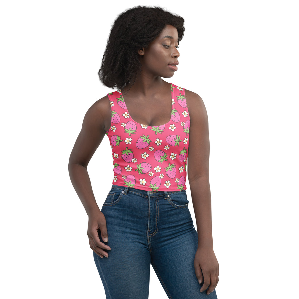 Women's Pink Strawberry Daisy Buttery Soft Crop Top- Quick-Drying UPF 50+ Stretch Top