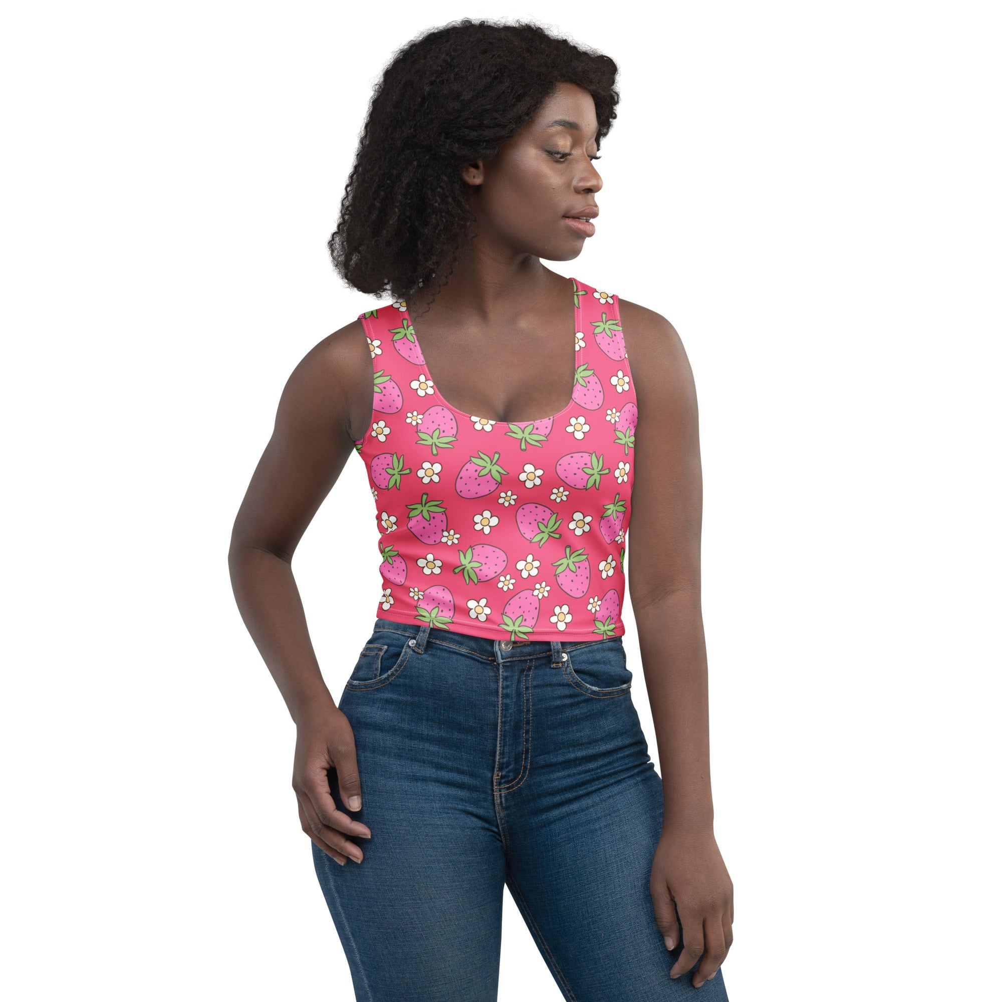 Women's Pink Strawberry Daisy Buttery Soft Crop Top- Quick-Drying UPF 50+ Stretch Top