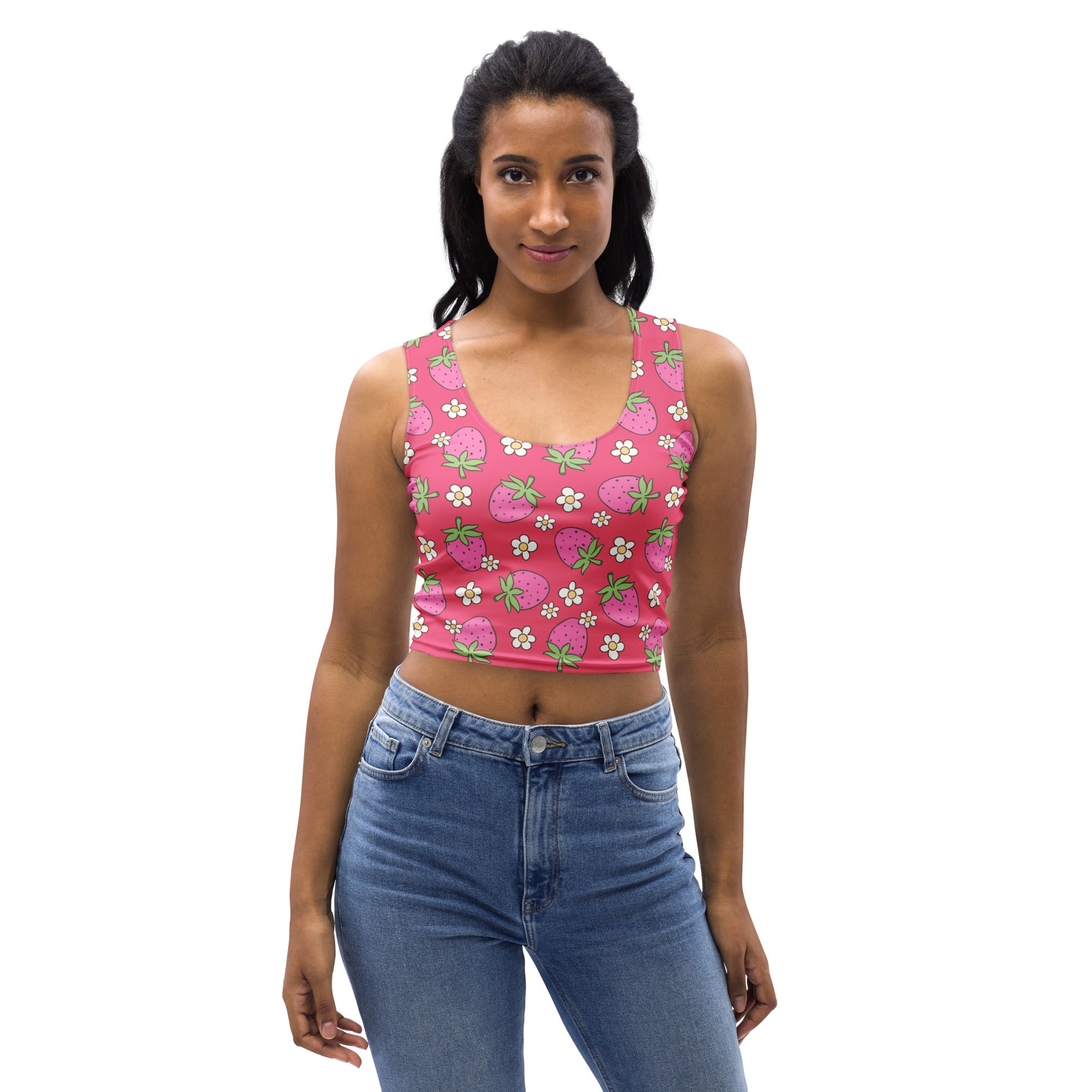 Women's Pink Strawberry Daisy Buttery Soft Crop Top- Quick-Drying UPF 50+ Stretch Top