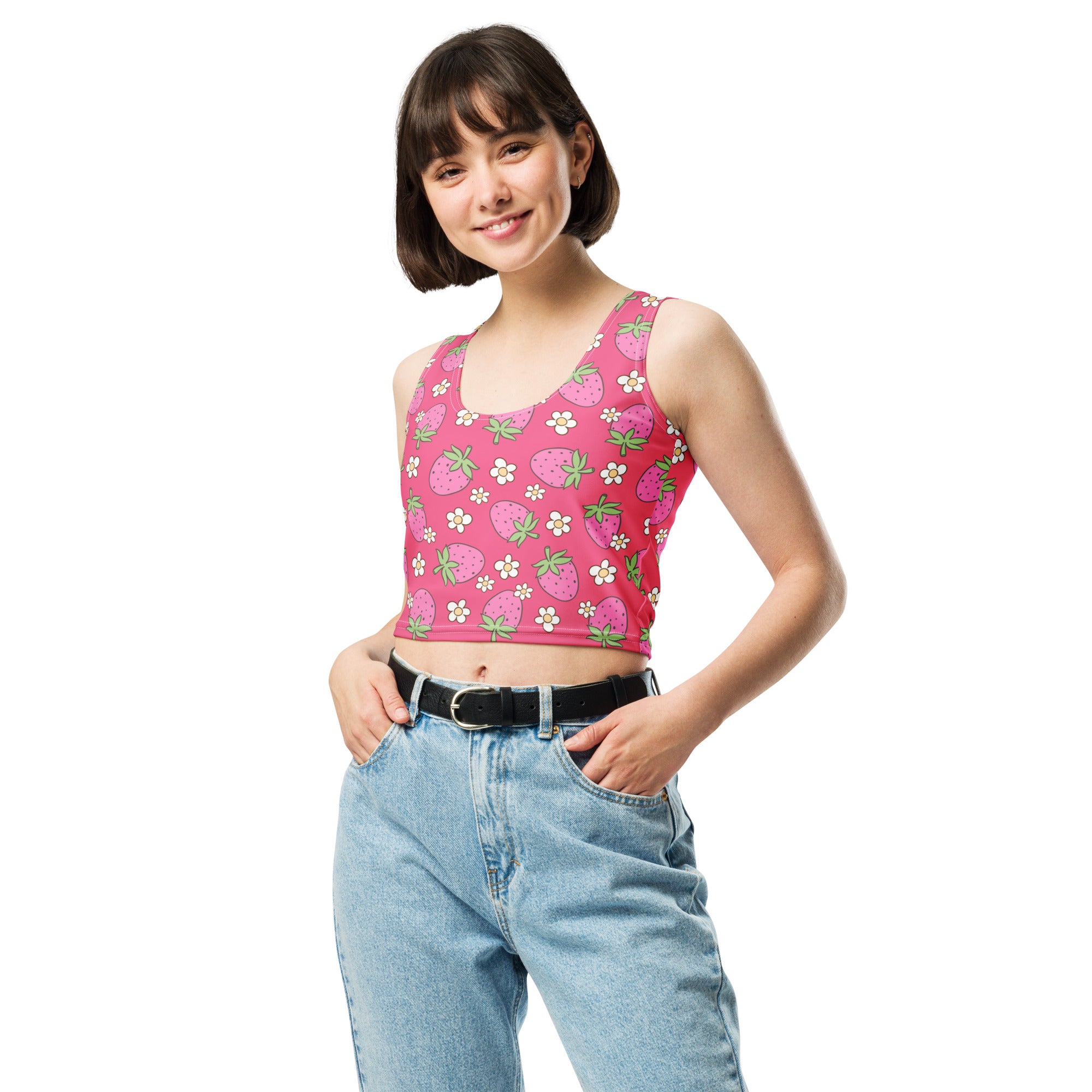 Women's Pink Strawberry Daisy Buttery Soft Crop Top- Quick-Drying UPF 50+ Stretch Top