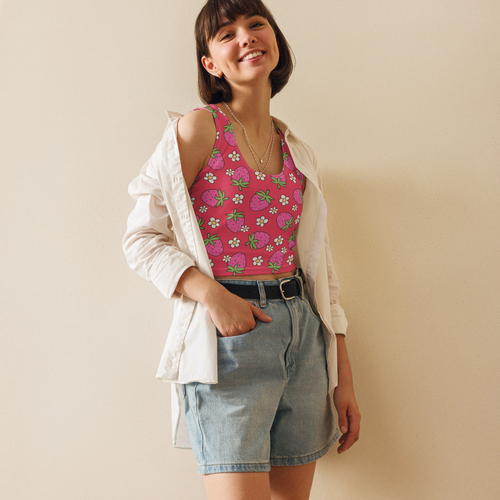 Women's Pink Strawberry Daisy Buttery Soft Crop Top- Quick-Drying UPF 50+ Stretch Top