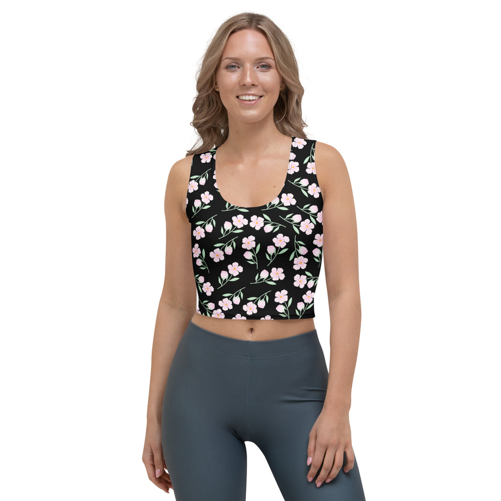 Women's Black Floral Buttery Soft Crop Top- Quick-Drying UPF 50+ Stretch Top