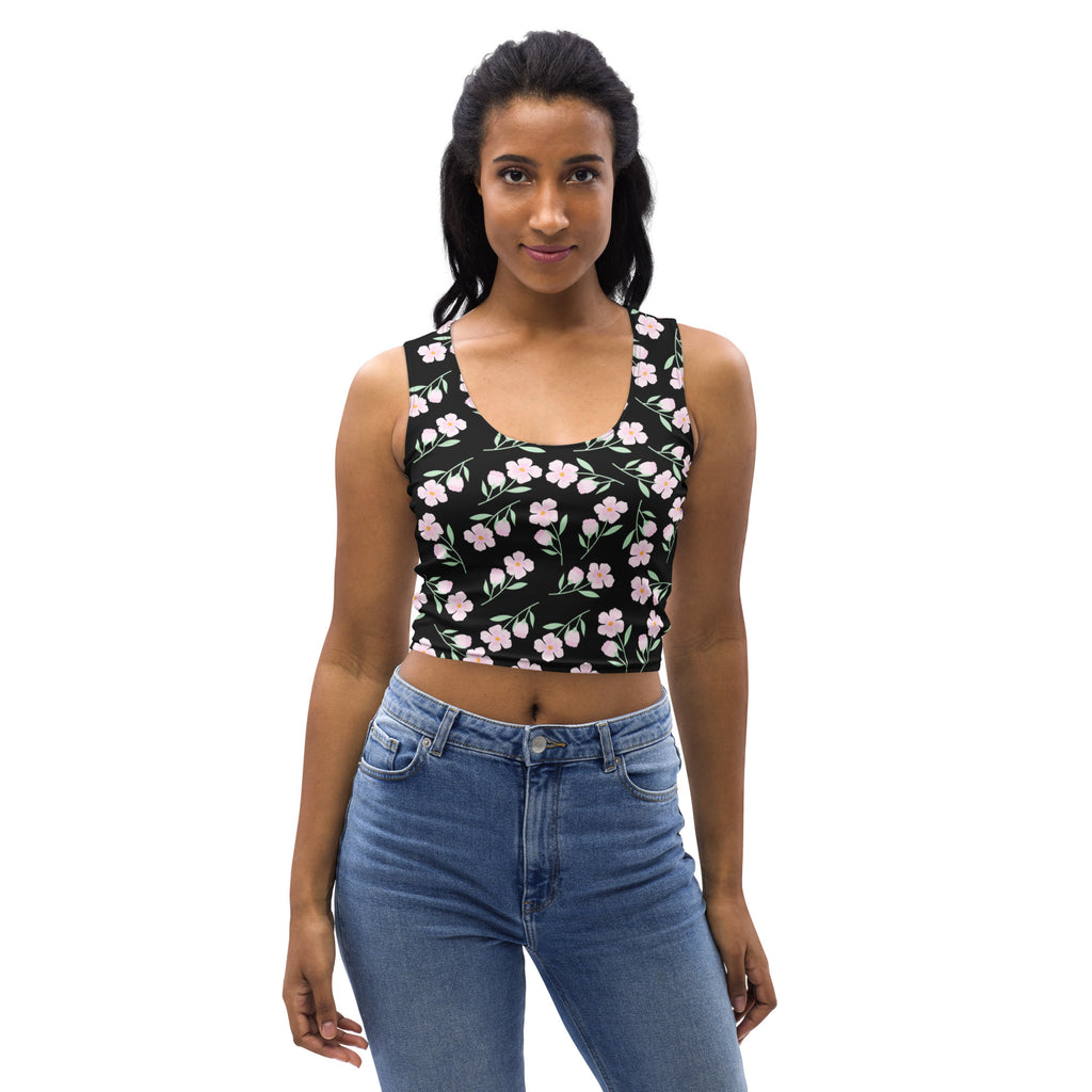 Women's Black Floral Buttery Soft Crop Top- Quick-Drying UPF 50+ Stretch Top