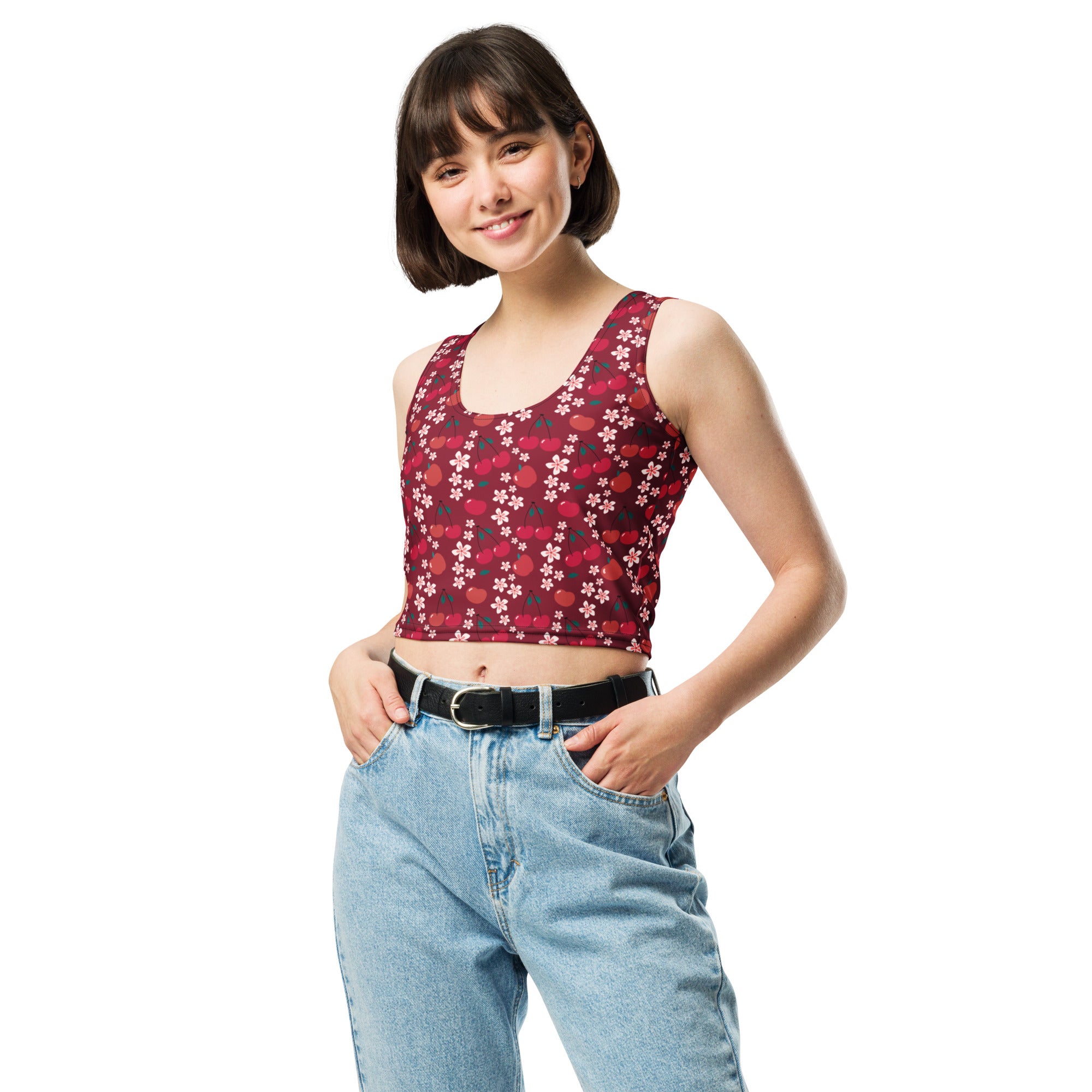 Women's Burgundy Cherry Buttery Soft Crop Top- Quick-Drying UPF 50+ Stretch Top