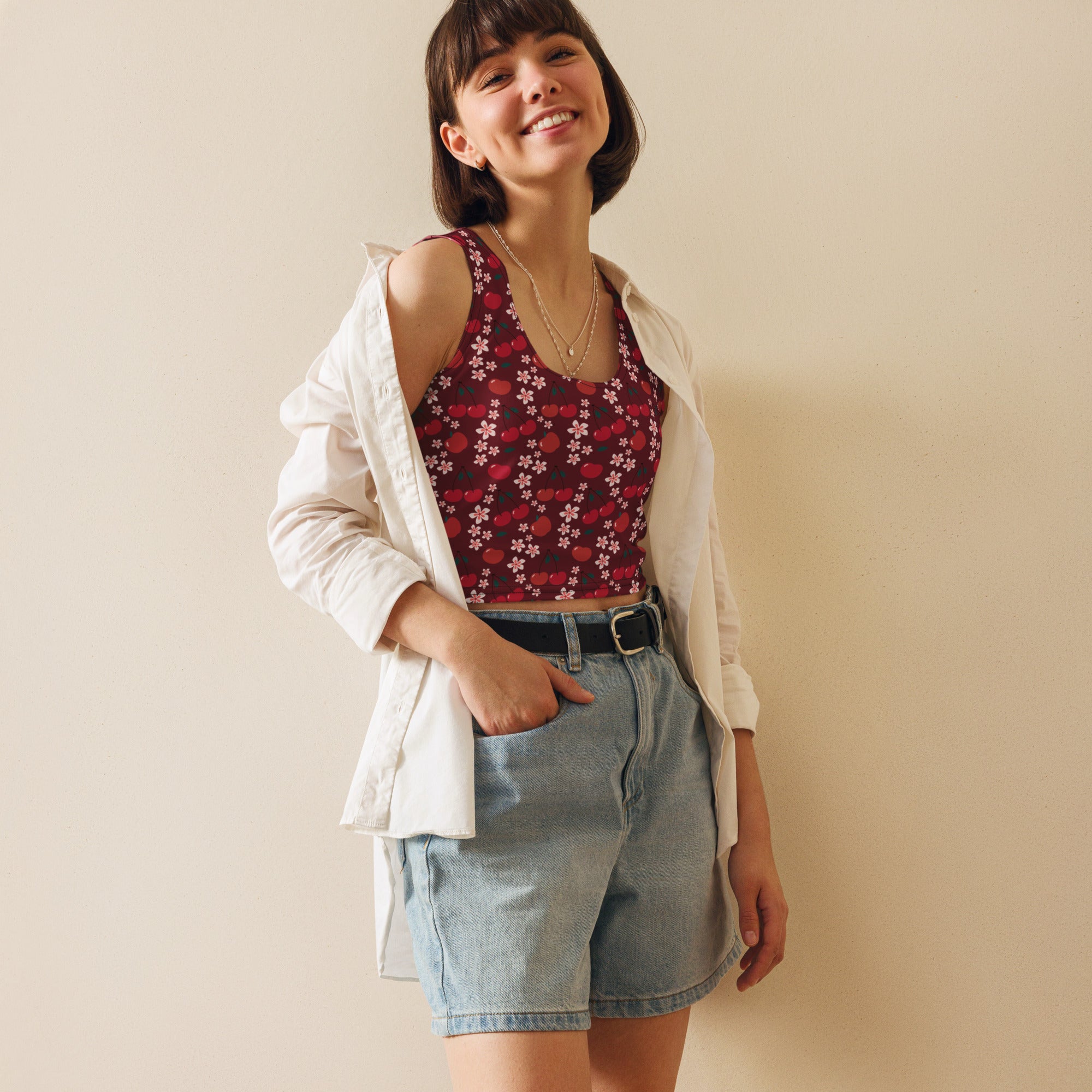 Women's Burgundy Cherry Buttery Soft Crop Top- Quick-Drying UPF 50+ Stretch Top