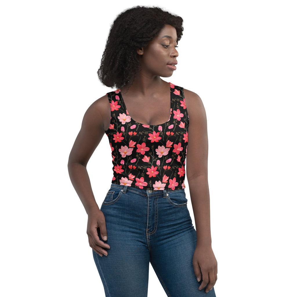 Women's Watercolor Pink Flowers Buttery Soft Crop Top- Quick-Drying UPF 50+ Stretch Top