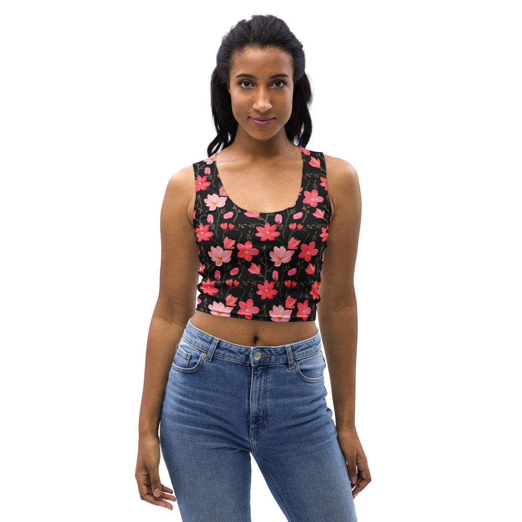 Women's Watercolor Pink Flowers Buttery Soft Crop Top- Quick-Drying UPF 50+ Stretch Top