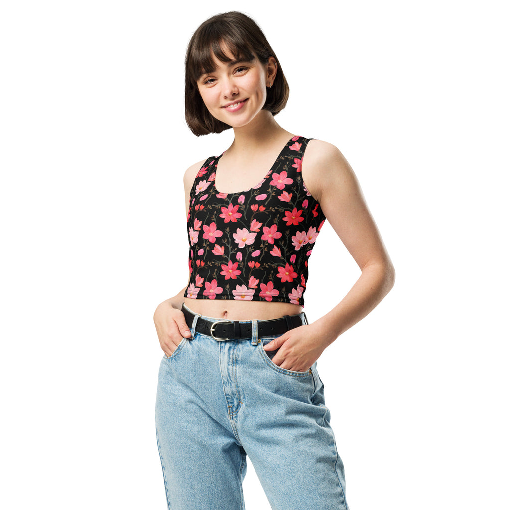 Women's Watercolor Pink Flowers Buttery Soft Crop Top- Quick-Drying UPF 50+ Stretch Top