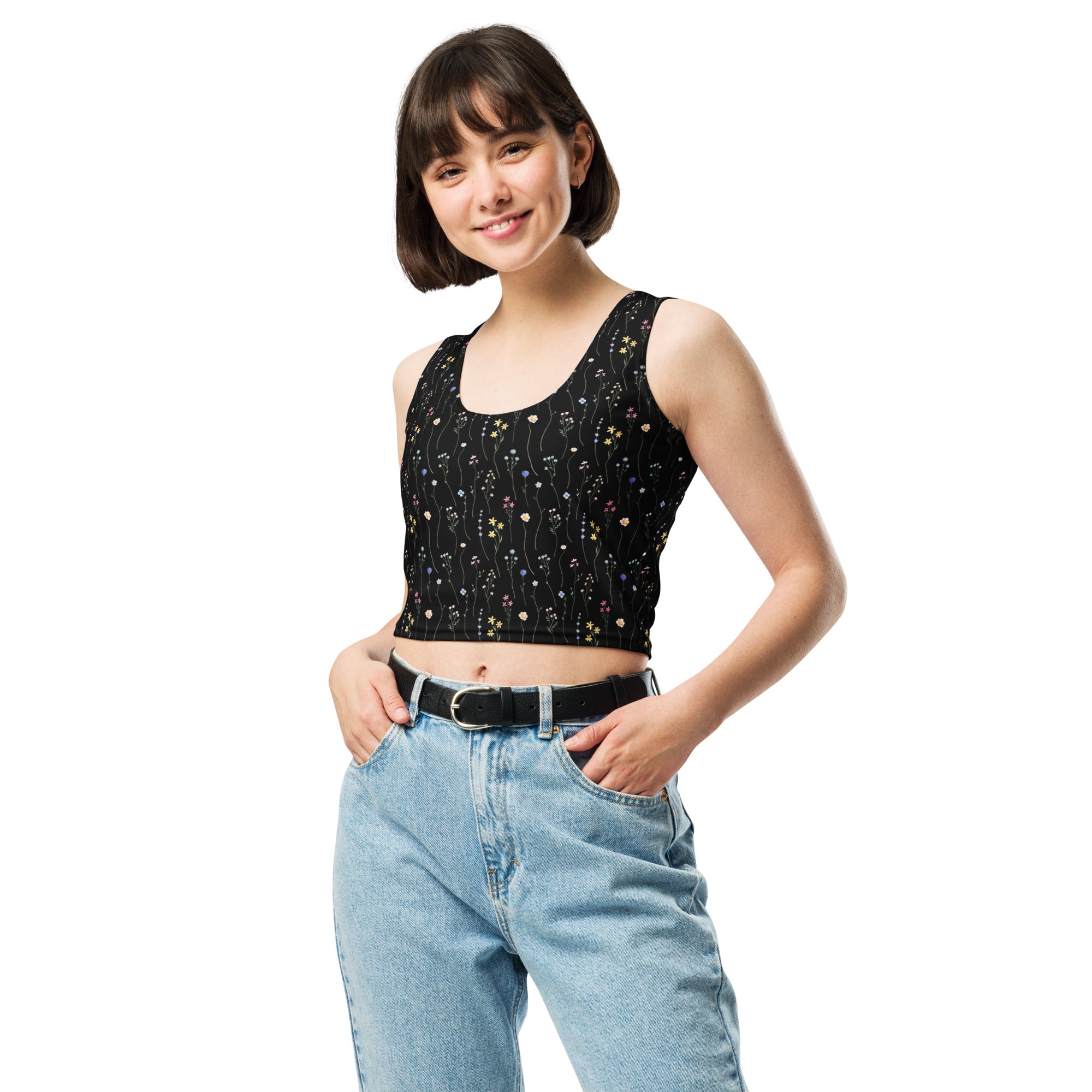 Women's Black Wildflower Buttery Soft Crop Top- Quick-Drying UPF 50+ Stretch Top