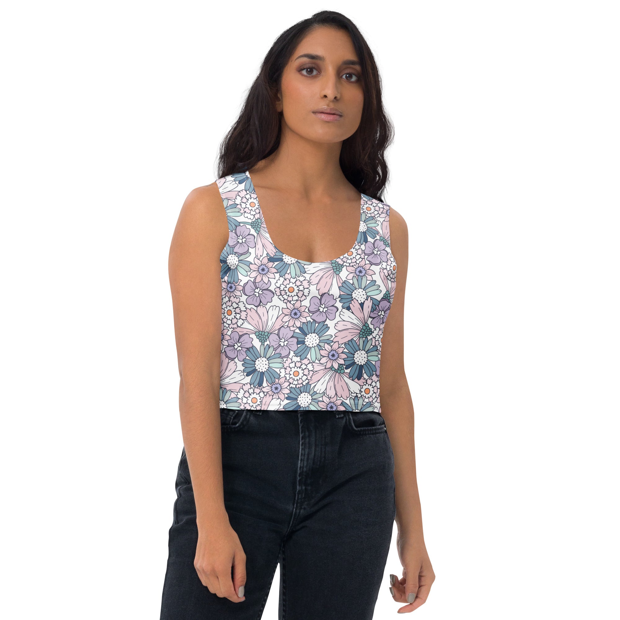 Women's Pastel Purple Daisy Buttery Soft Crop Top- Quick-Drying UPF 50+ Stretch Top