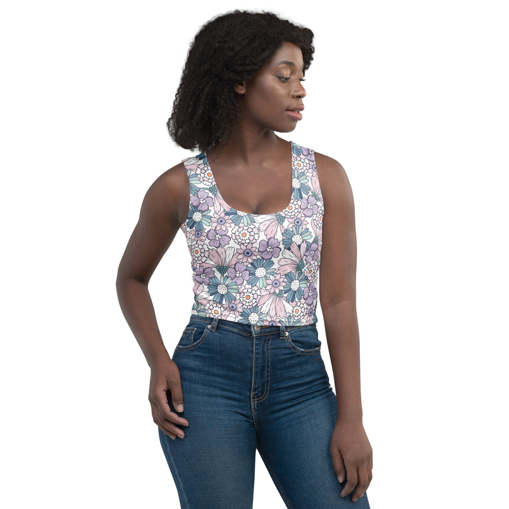 Women's Pastel Purple Daisy Buttery Soft Crop Top- Quick-Drying UPF 50+ Stretch Top