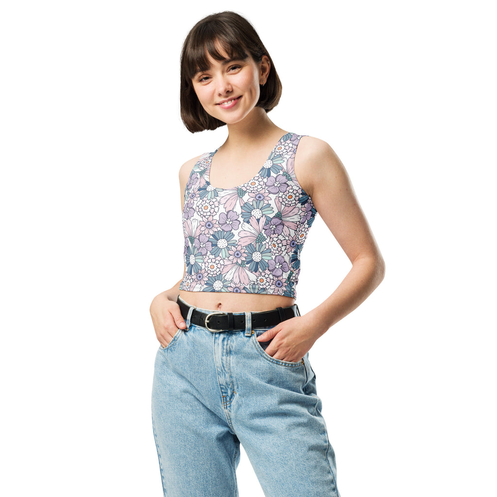 Women's Pastel Purple Daisy Buttery Soft Crop Top- Quick-Drying UPF 50+ Stretch Top