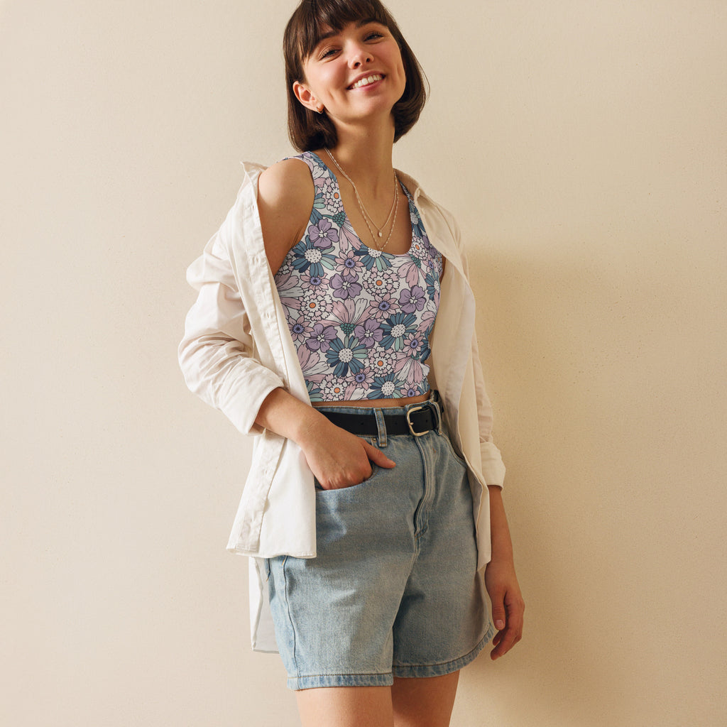 Women's Pastel Purple Daisy Buttery Soft Crop Top- Quick-Drying UPF 50+ Stretch Top
