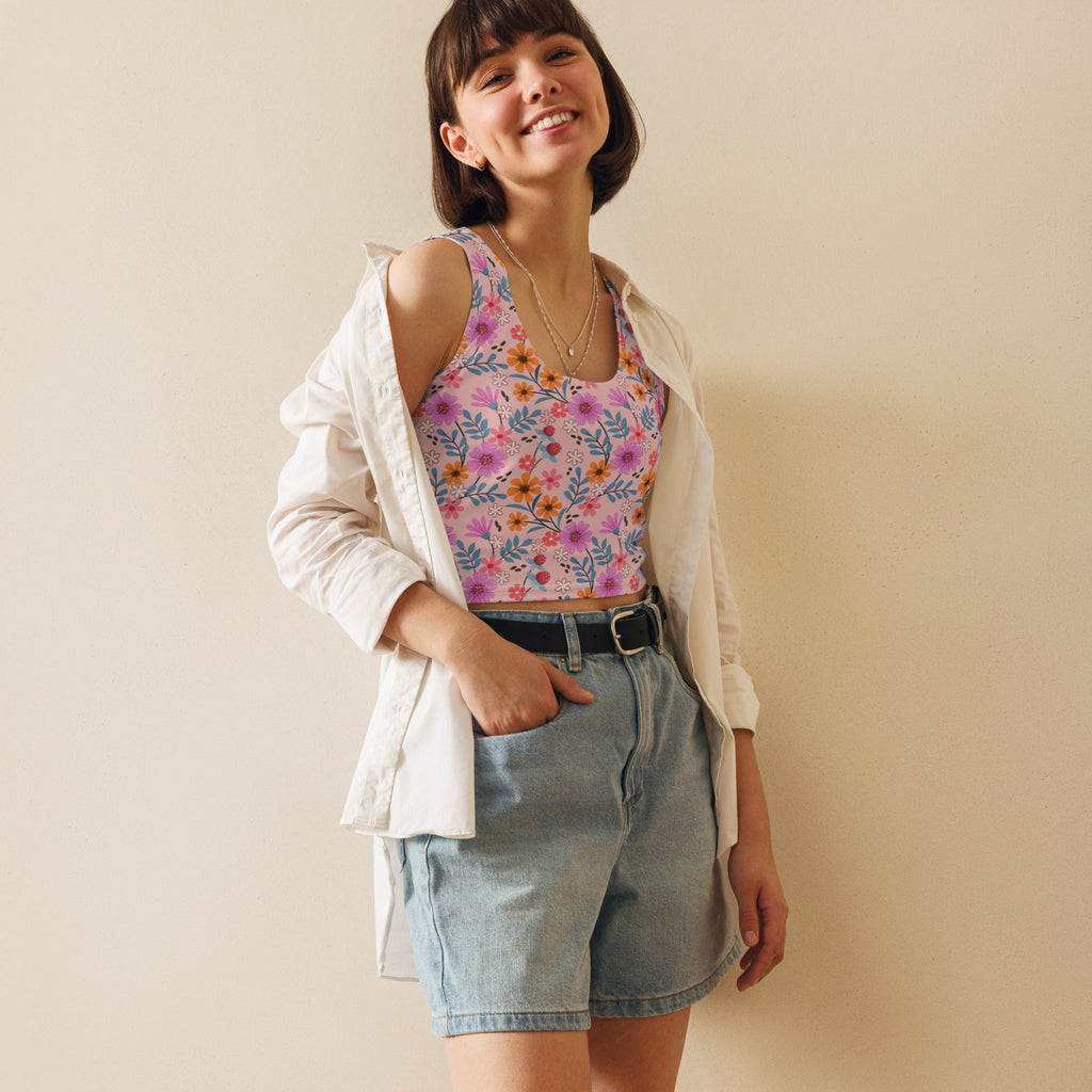 Women's Pink Floral Garden Buttery Soft Crop Top- Quick-Drying UPF 50+ Stretch Top