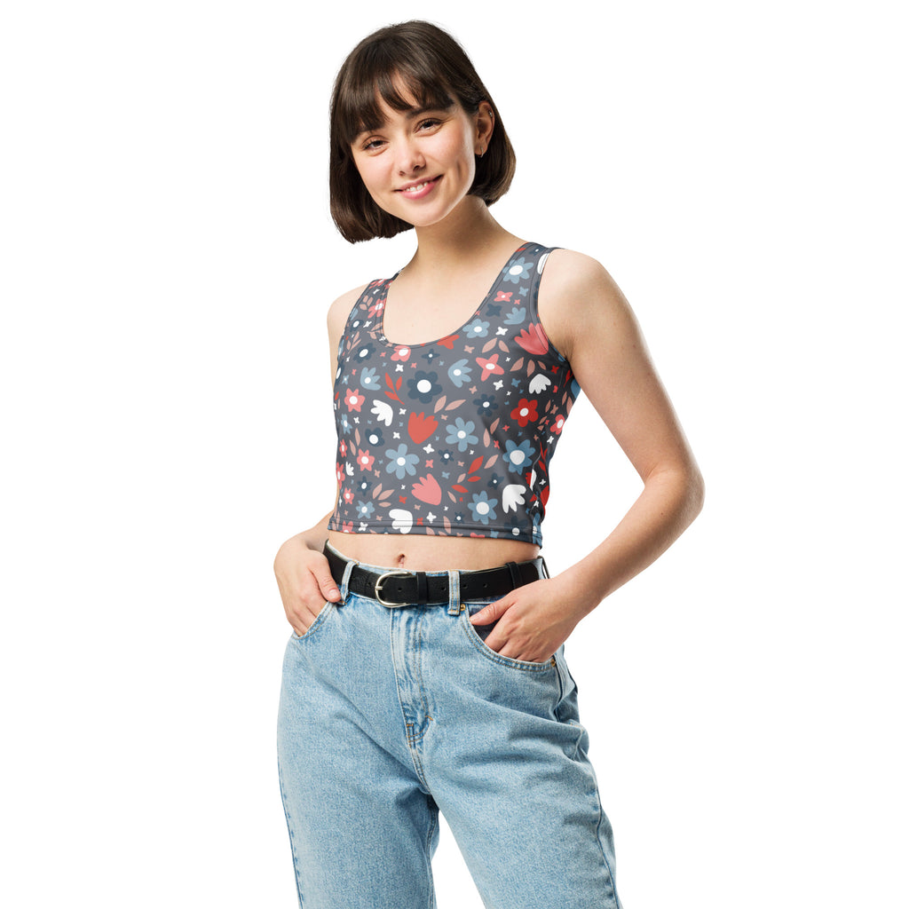Women's Gray Floral Buttery Soft Crop Top- Quick-Drying UPF 50+ Stretch Top
