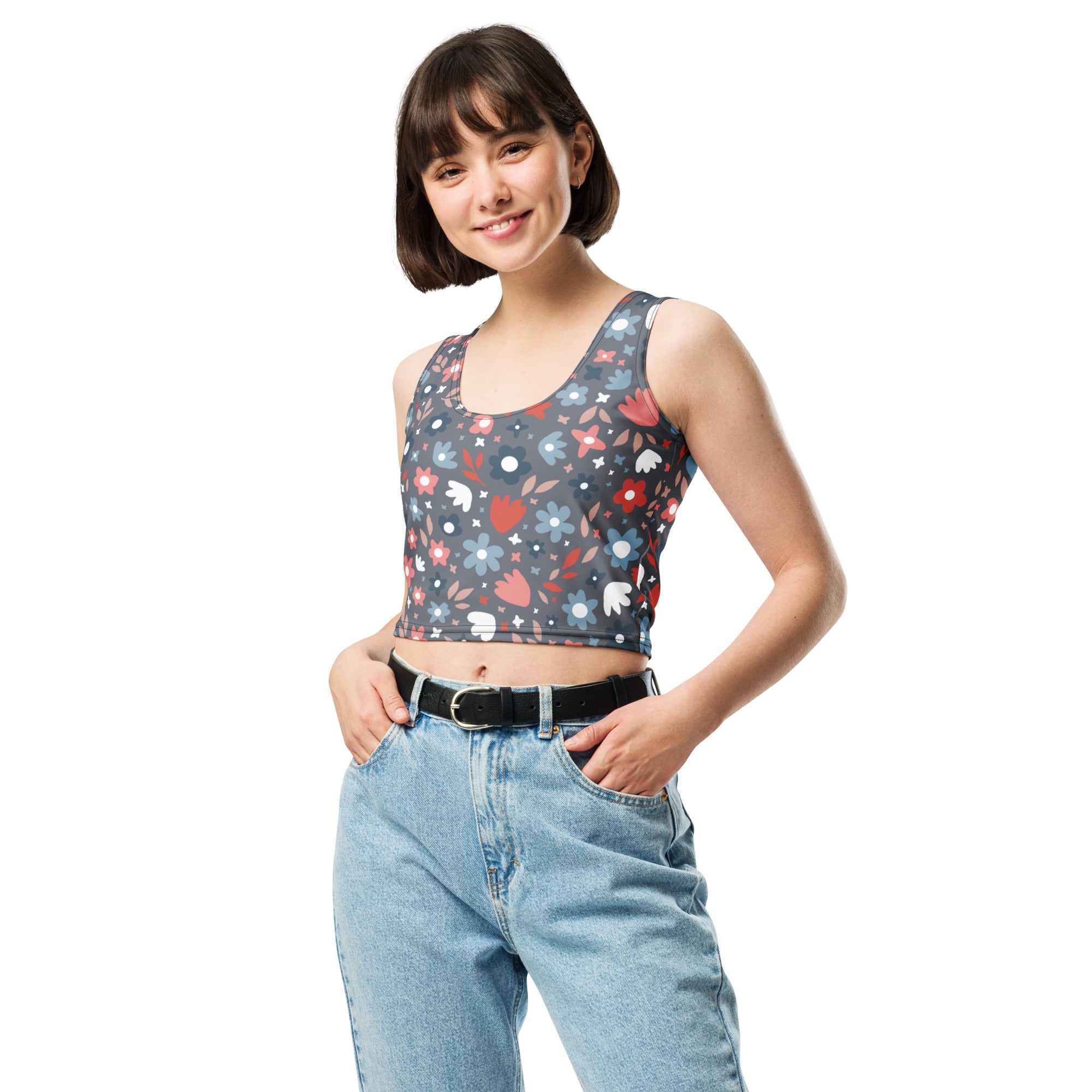 Women's Gray Floral Buttery Soft Crop Top- Quick-Drying UPF 50+ Stretch Top
