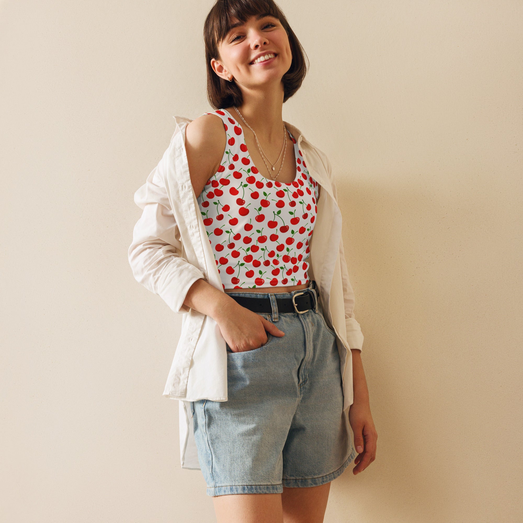 Women's Red Cherry Buttery Soft Crop Top- Quick-Drying UPF 50+ Stretch Top