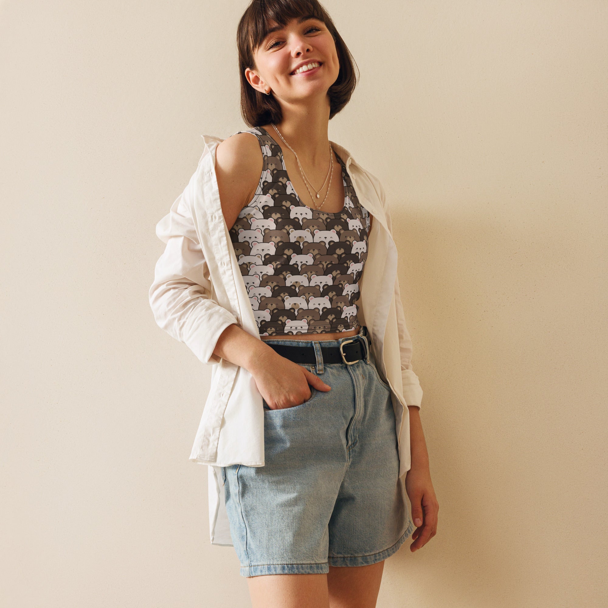 Women's Bear Themed Buttery Soft Crop Top- Quick-Drying UPF 50+ Stretch Top
