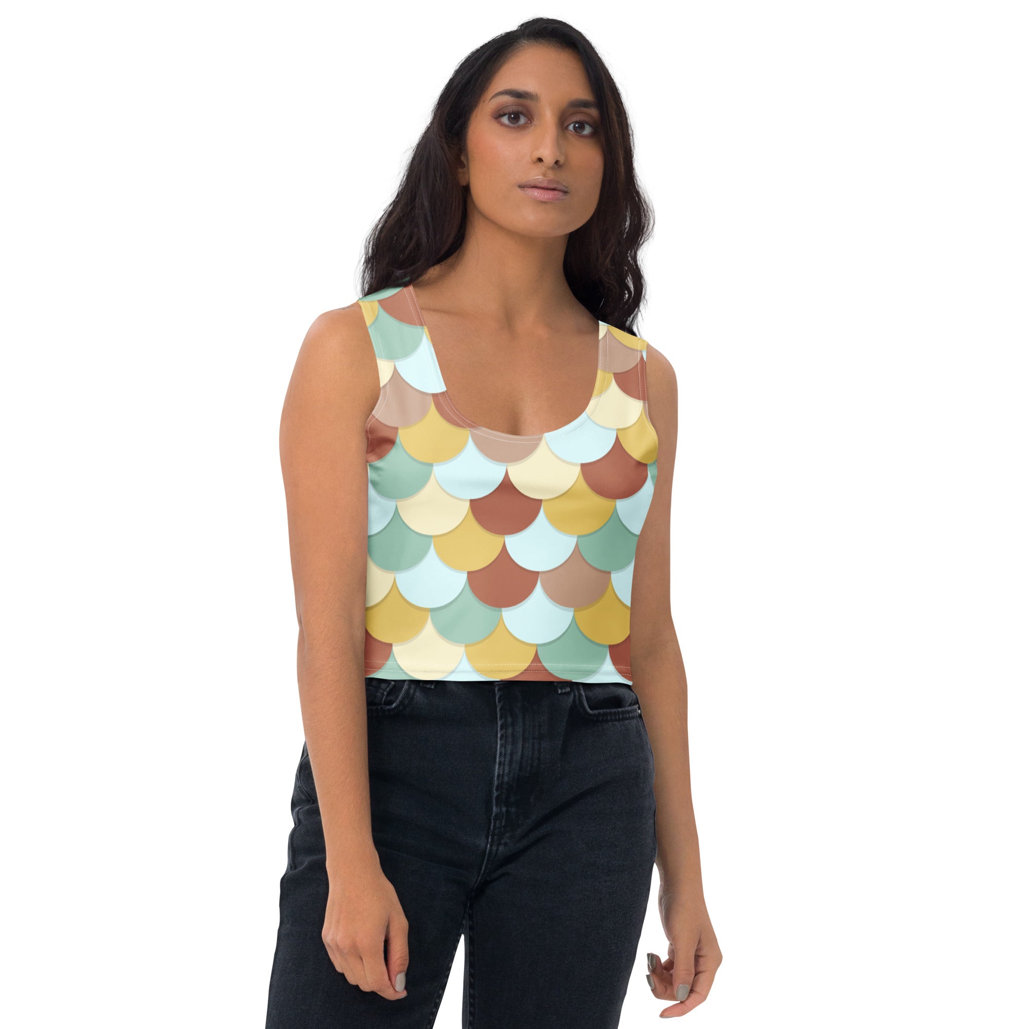 Women's Green And Brown Mermaid Buttery Soft Crop Top- Quick-Drying UPF 50+ Stretch Top