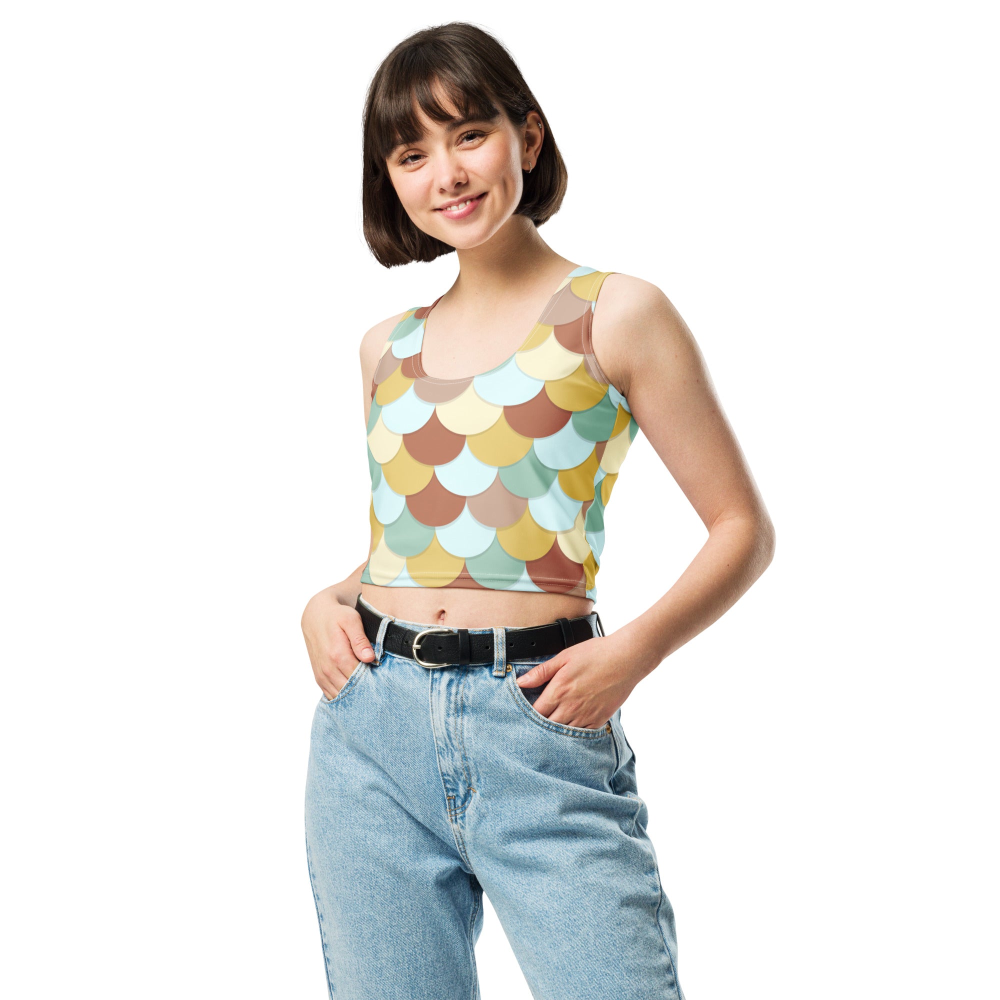 Women's Green And Brown Mermaid Buttery Soft Crop Top- Quick-Drying UPF 50+ Stretch Top