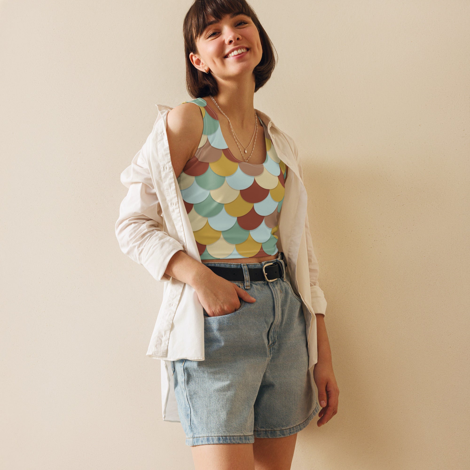 Women's Green And Brown Mermaid Buttery Soft Crop Top- Quick-Drying UPF 50+ Stretch Top