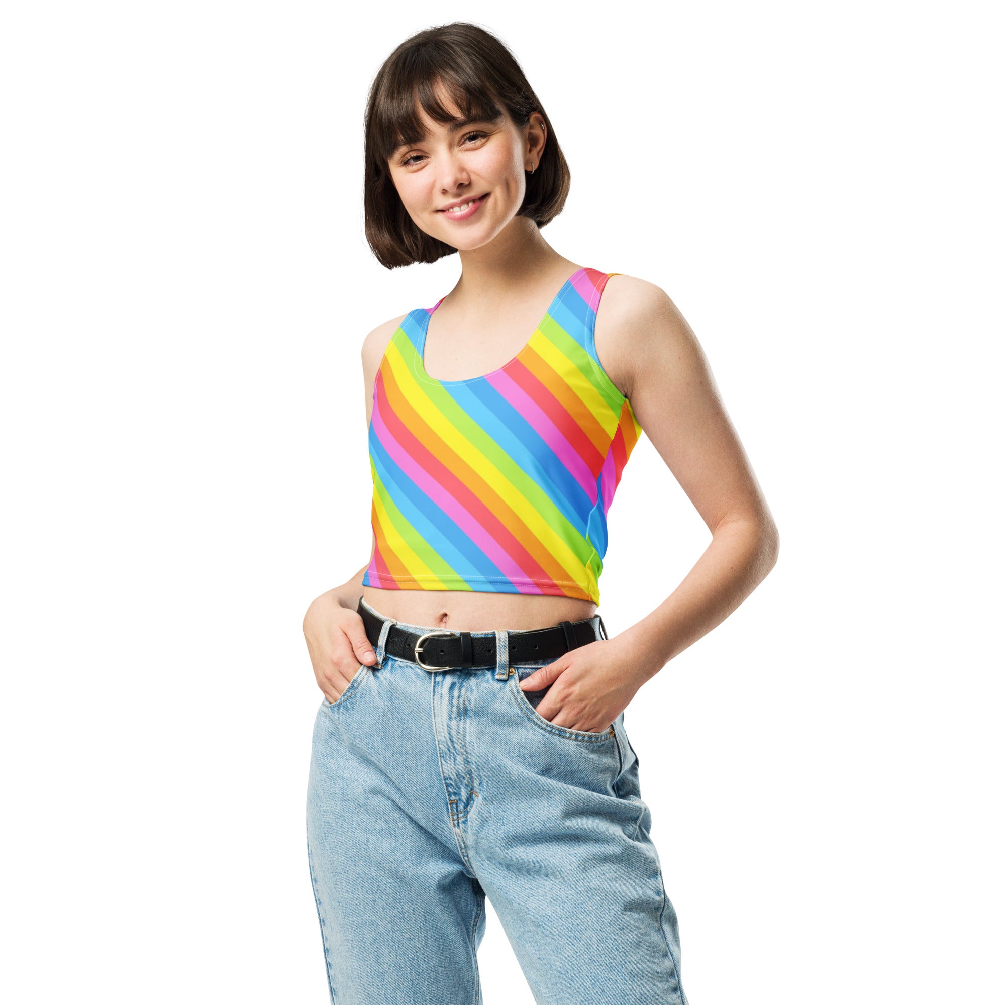 Women's Rainbow Stripe Buttery Soft Crop Top- Quick-Drying UPF 50+ Stretch Top