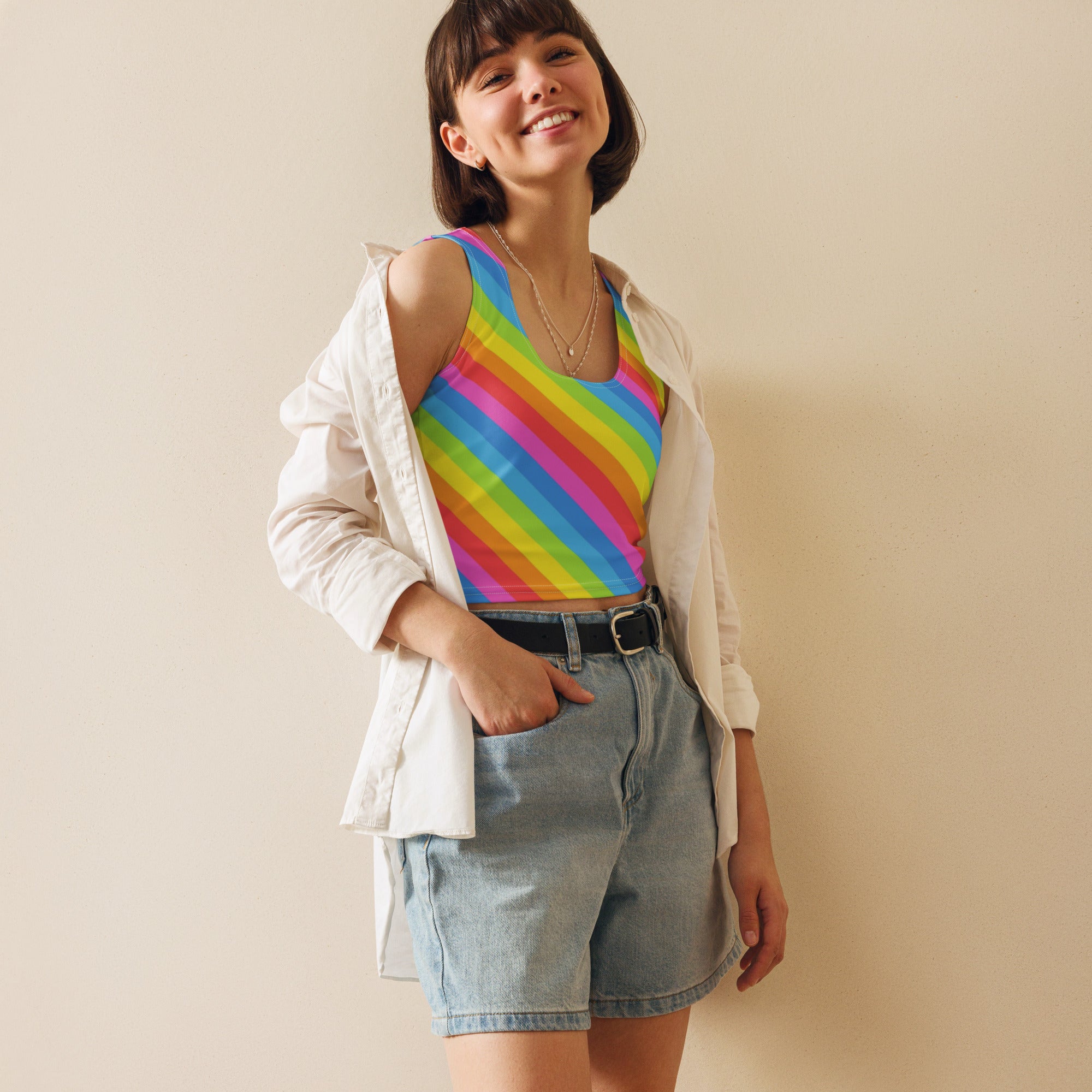 Women's Rainbow Stripe Buttery Soft Crop Top- Quick-Drying UPF 50+ Stretch Top