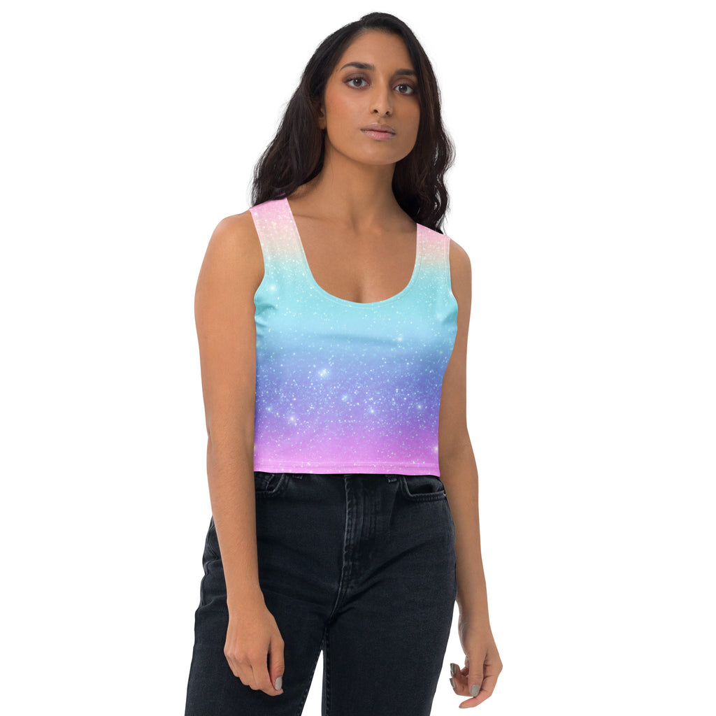 Women's Faux Sparkle Effect Rainbow Buttery Soft Crop Top- Quick-Drying UPF 50+ Stretch Top