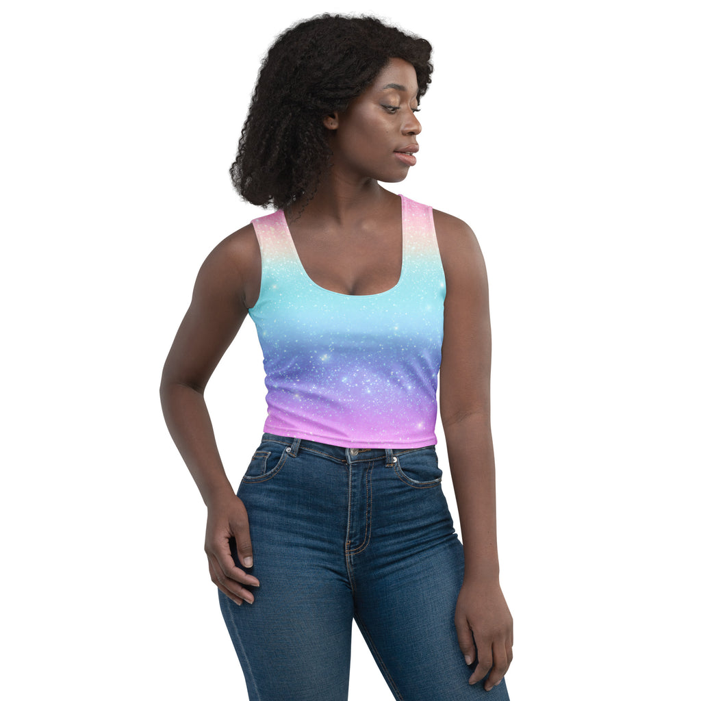 Women's Faux Sparkle Effect Rainbow Buttery Soft Crop Top- Quick-Drying UPF 50+ Stretch Top