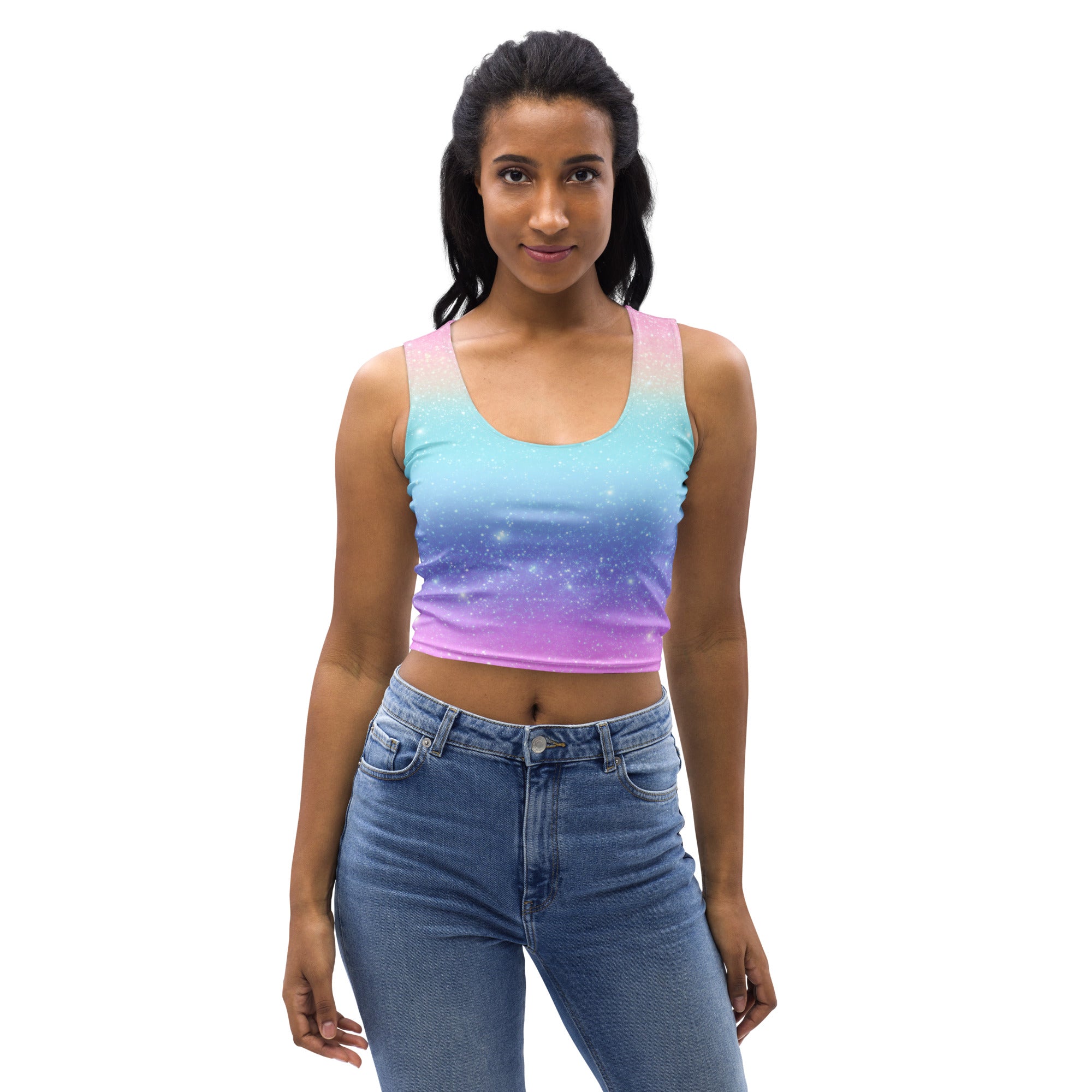 Women's Faux Sparkle Effect Rainbow Buttery Soft Crop Top- Quick-Drying UPF 50+ Stretch Top